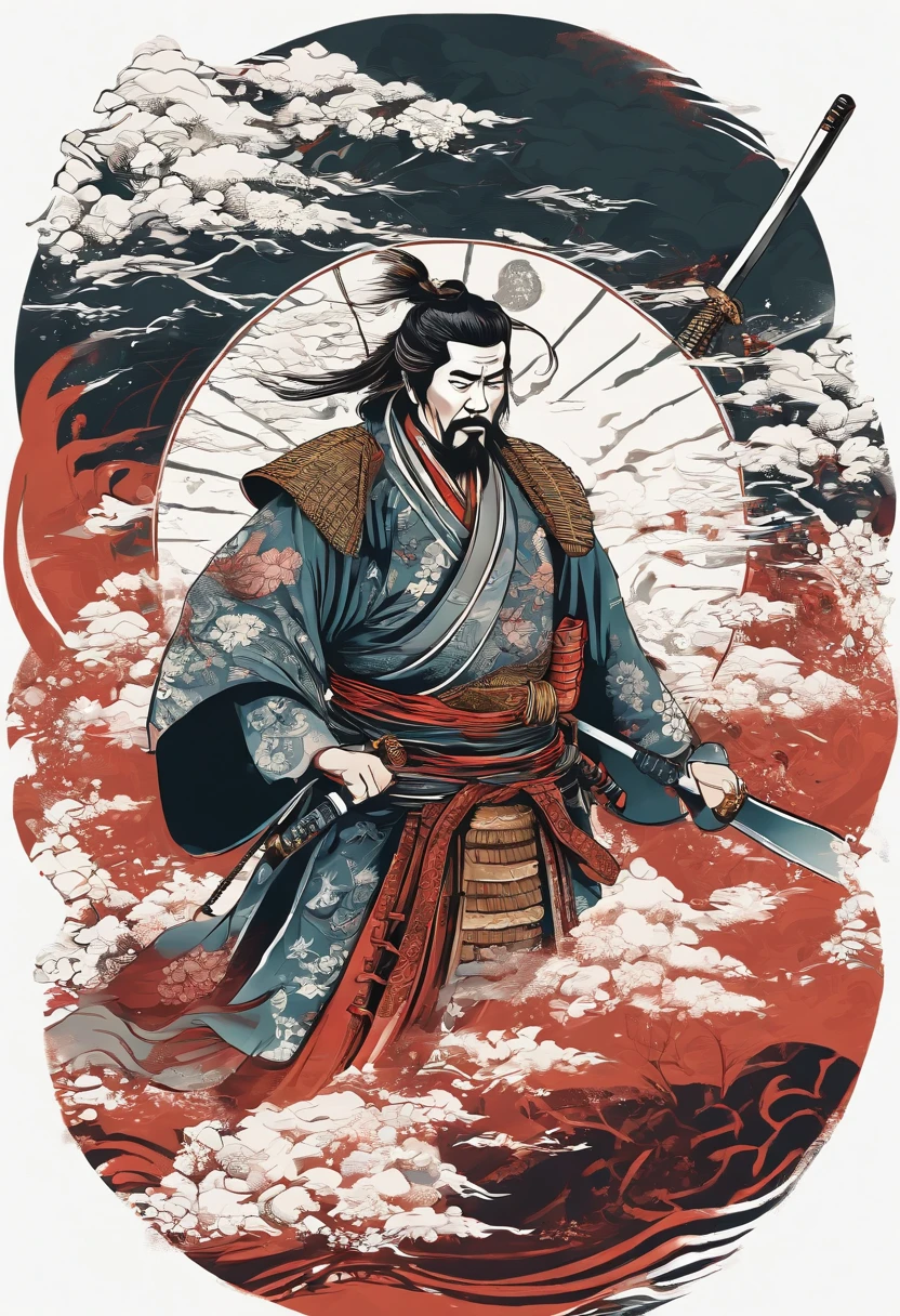 japanese samurai vector t-shirt print, detailed sticker style, tattoo style color drawing, white background, Mist, clouds Chinese patterns.