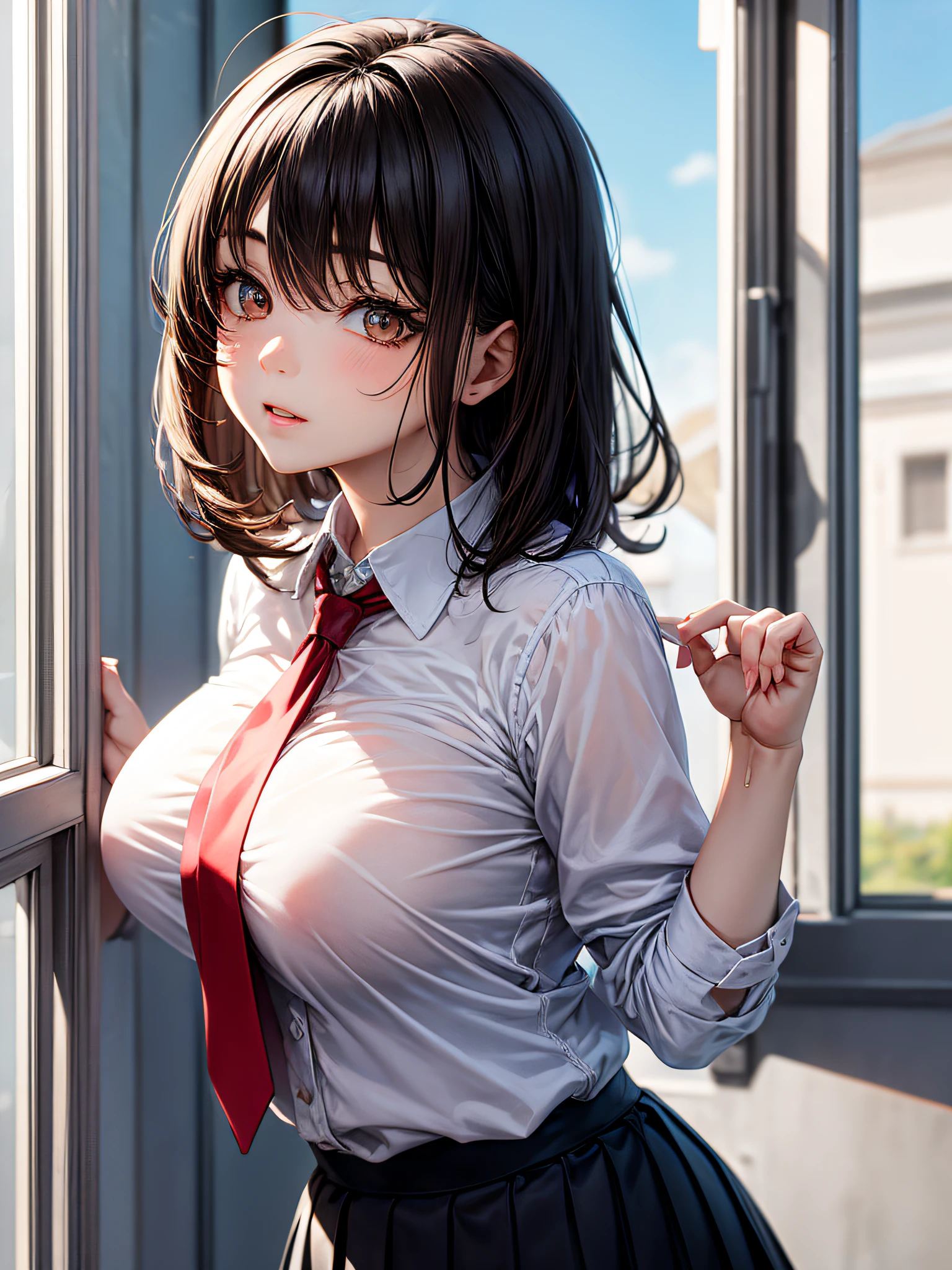 1 girl, solo, High school girl, childhood friend, expressive brown eyes, pleated skirt, buttoned white shirt, red necktie, gentle expression, flushed cheeks, short brown hair, large natural breasts, ecchi anime style, hentai anime style, portrait, illustration, masterpiece, high quality, lewd, beautiful eyes, detailed eyes, brilliant eyes, smooth skin, clear blue sky