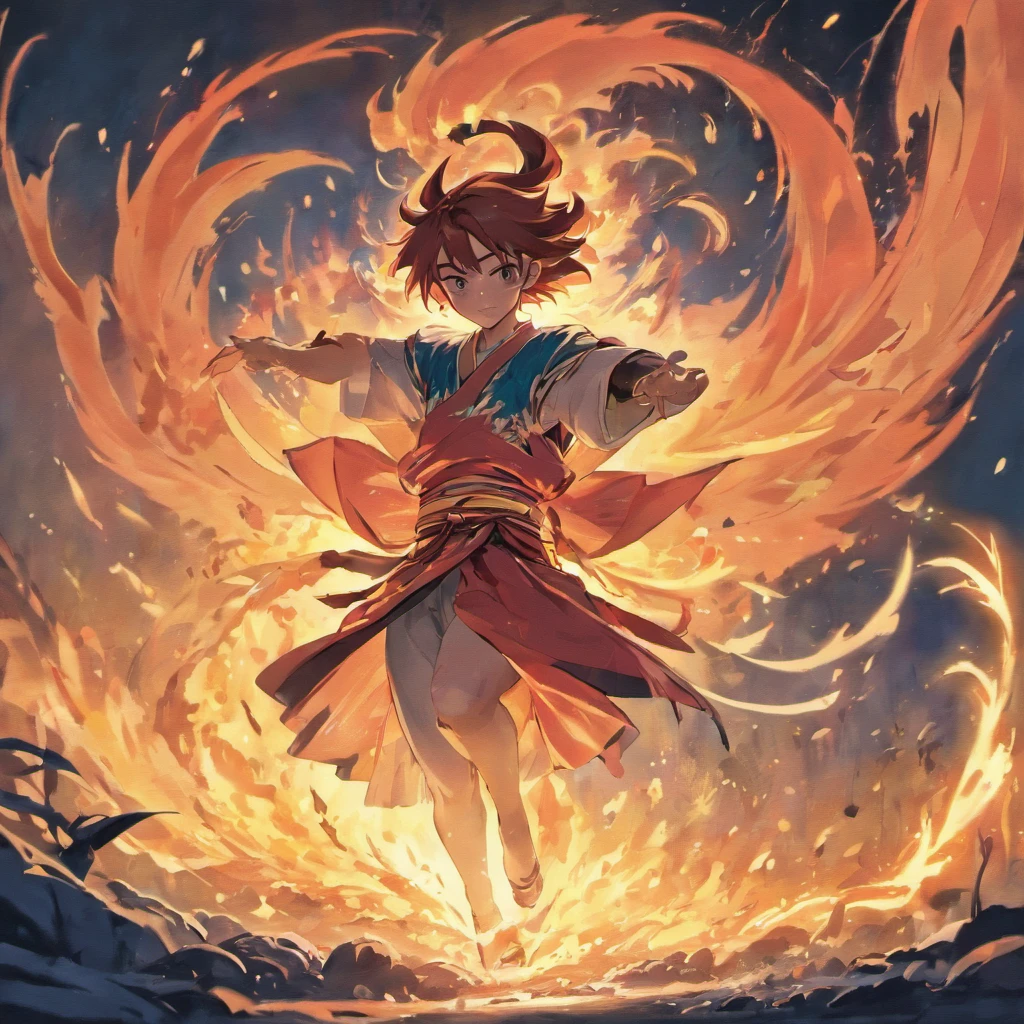 A breathtaking illustration depicting the epic story of Momotaro, the Peach Boy. Showcase Momotaro, a brave young hero in vibrant peach armor, wielding a magical sword. Surround him with loyal animal companions: a fierce dog, a wise monkey and a fearless pheasant. Capture the determination in Momotaro's eyes as he embarks on his quest to defeat the evil demons. The illustration should be filled with vibrant colors, intricate details, and a sense of movement, as if it's frozen in the middle of an action-packed moment.