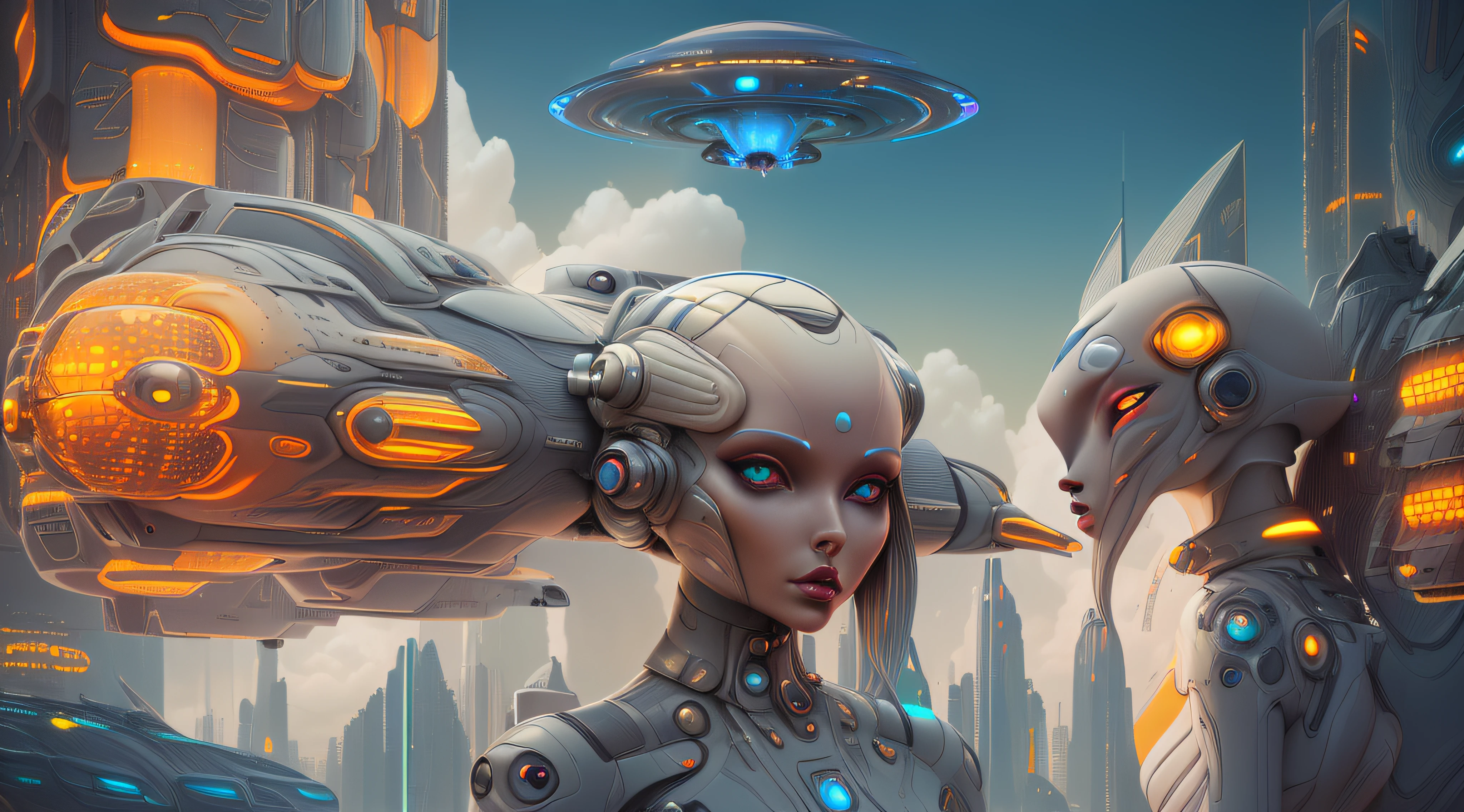 futuristic woman in a city with a spaceship hovering overhead, retrofuturistic female android, portrait of a humanoid alien, fashionable futuristic woman, alien woman, sci-fi digital art illustration, science fiction digital art, in a futuristic city, portrait beautiful sci - fi girl, futuristic woman portrait, portrait of a sci - fi woman, human futuristic city, female alien