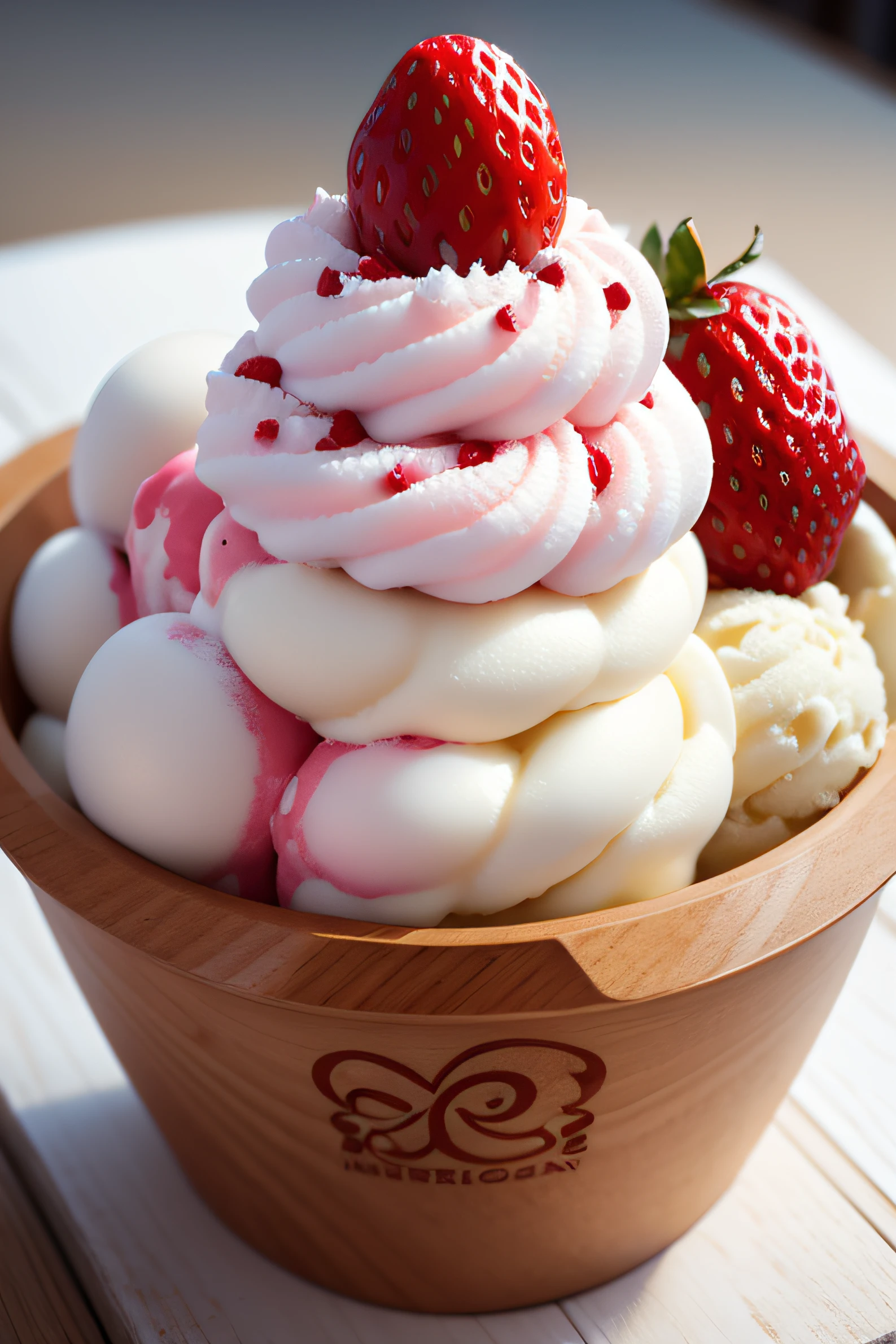 mass ice cream, with strawberry, master piece, high quality, High details, ultra-detailed, photorealistic