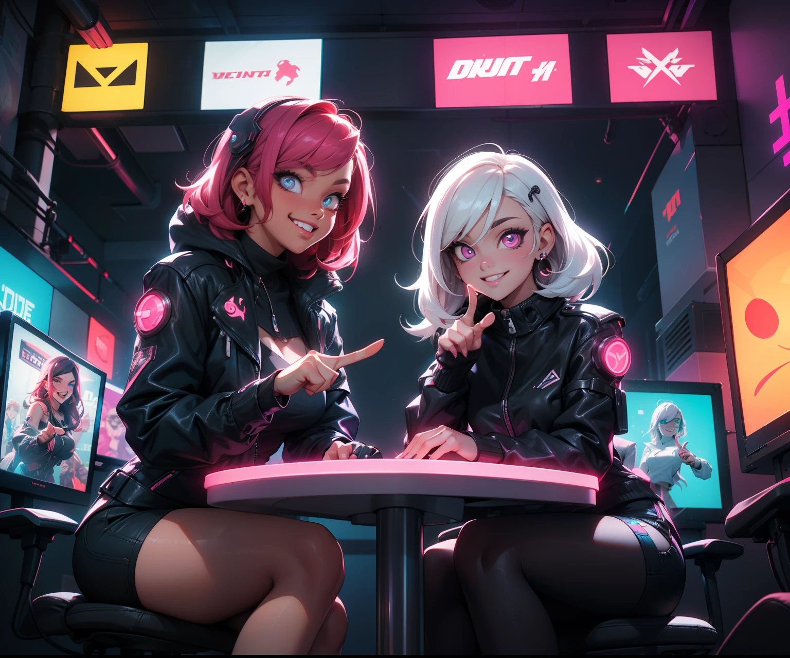 2 chicas hermosas con ojos bien detallados y hermosos rostros una de pelo blanco y otra de pelo rosa en un cuarto gamer con luces neon, monitores con ropas oscuras con detalles goticos y cyberpunk, while sitting laughing with a big smile while pointing to the screens