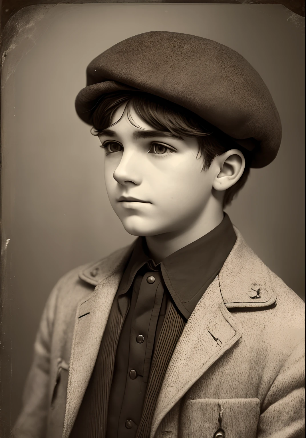 1900's clothes, beret, solo, realistic, boy, great depression, young age, torso, portrait, three eyes, eye on the forehead