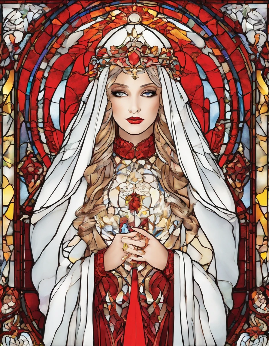 singer in a white half mask, grandes asas de anjo, vestido vermelho longo, innocence