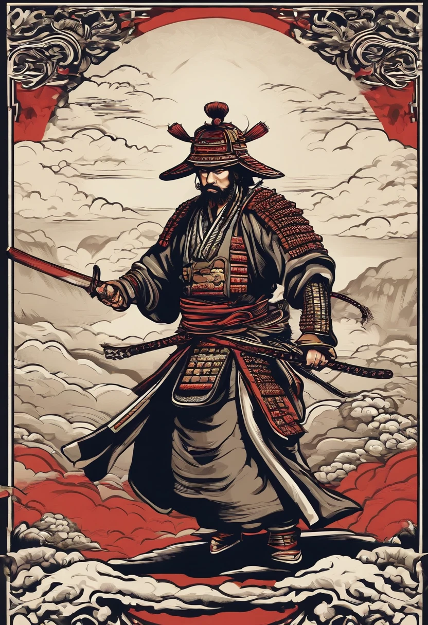Japanese samurai vector t-shirt printing, estilo de adesivo detalhado, desenho de cor estilo tatuagem, fundo branco, nevoeiro, Chinese Standard Clouds.