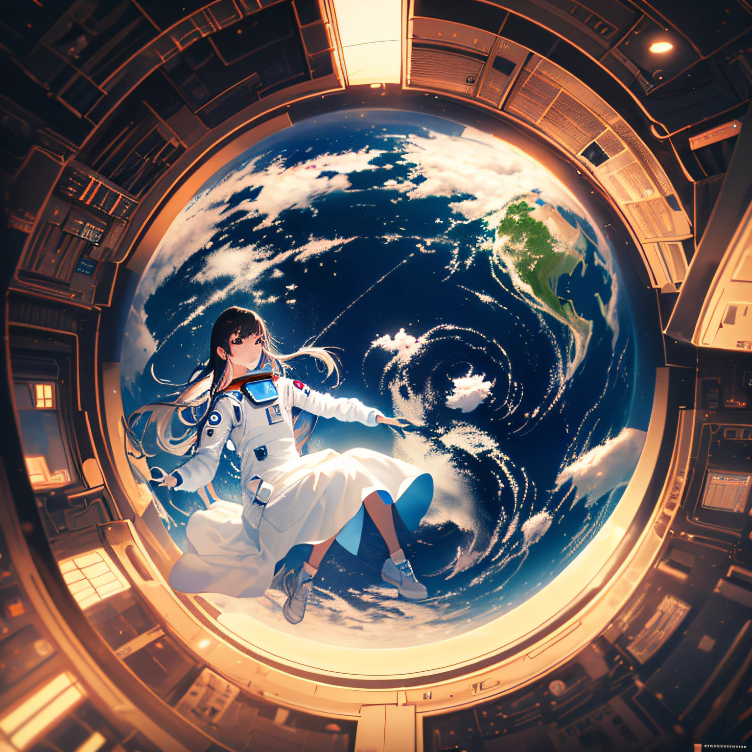 digital art, (beautiful woman, astronaut clothes), (floating inside a spaceship, window with view of the earth in the background), (intricate, Cinematic lighting, glowing, dramatic lighting, beautiful detailed glow)