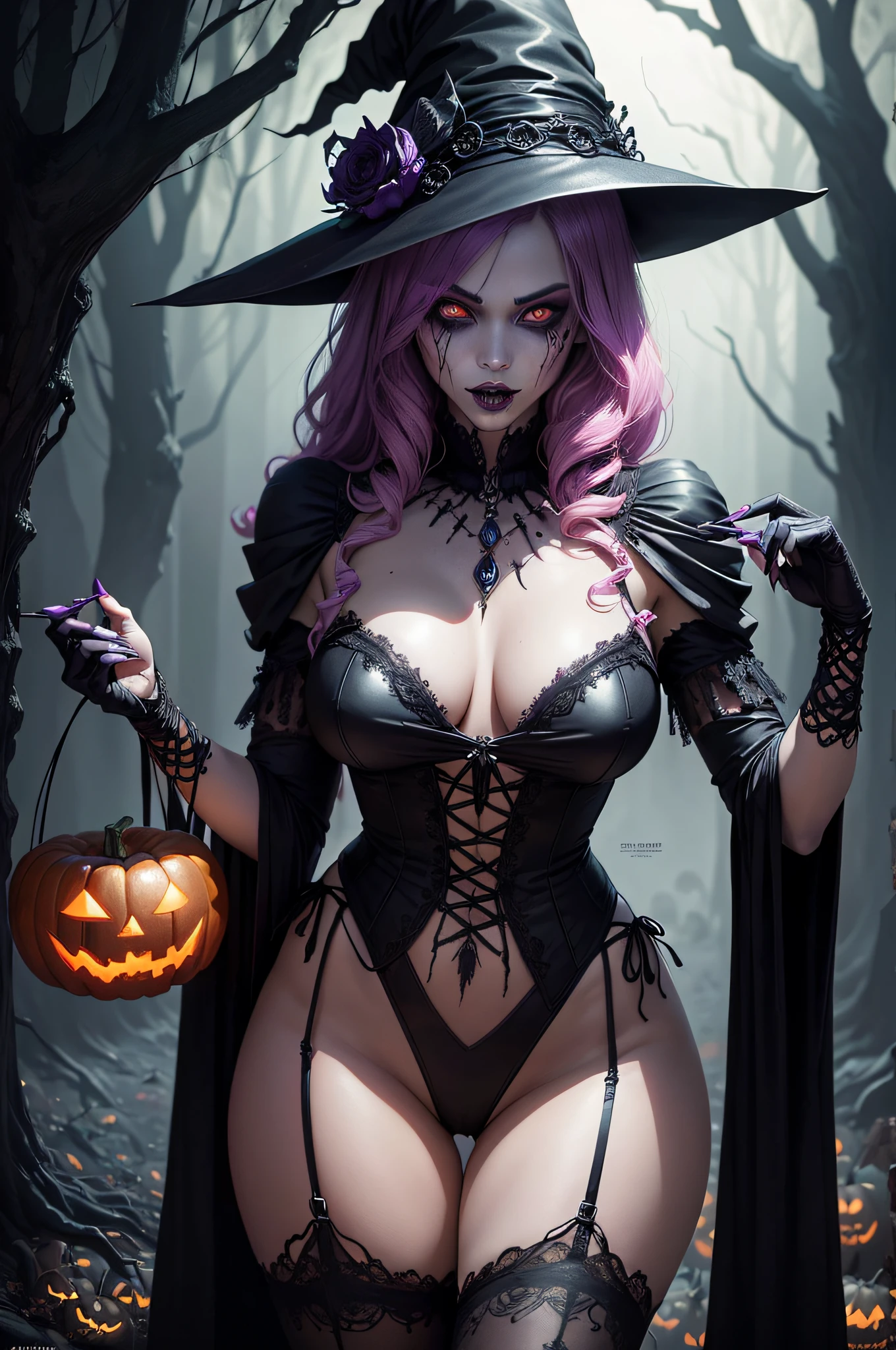 (halloween witches, sexy zombies, and vampires gathering), bright colors, eerie atmosphere, detailed makeup, mysterious background, Gothic style, low-key lighting, eyes glowing, enchanting poses, bewitching charm, fantasy theme, seductive expressions, elaborate costumes, alluring poses