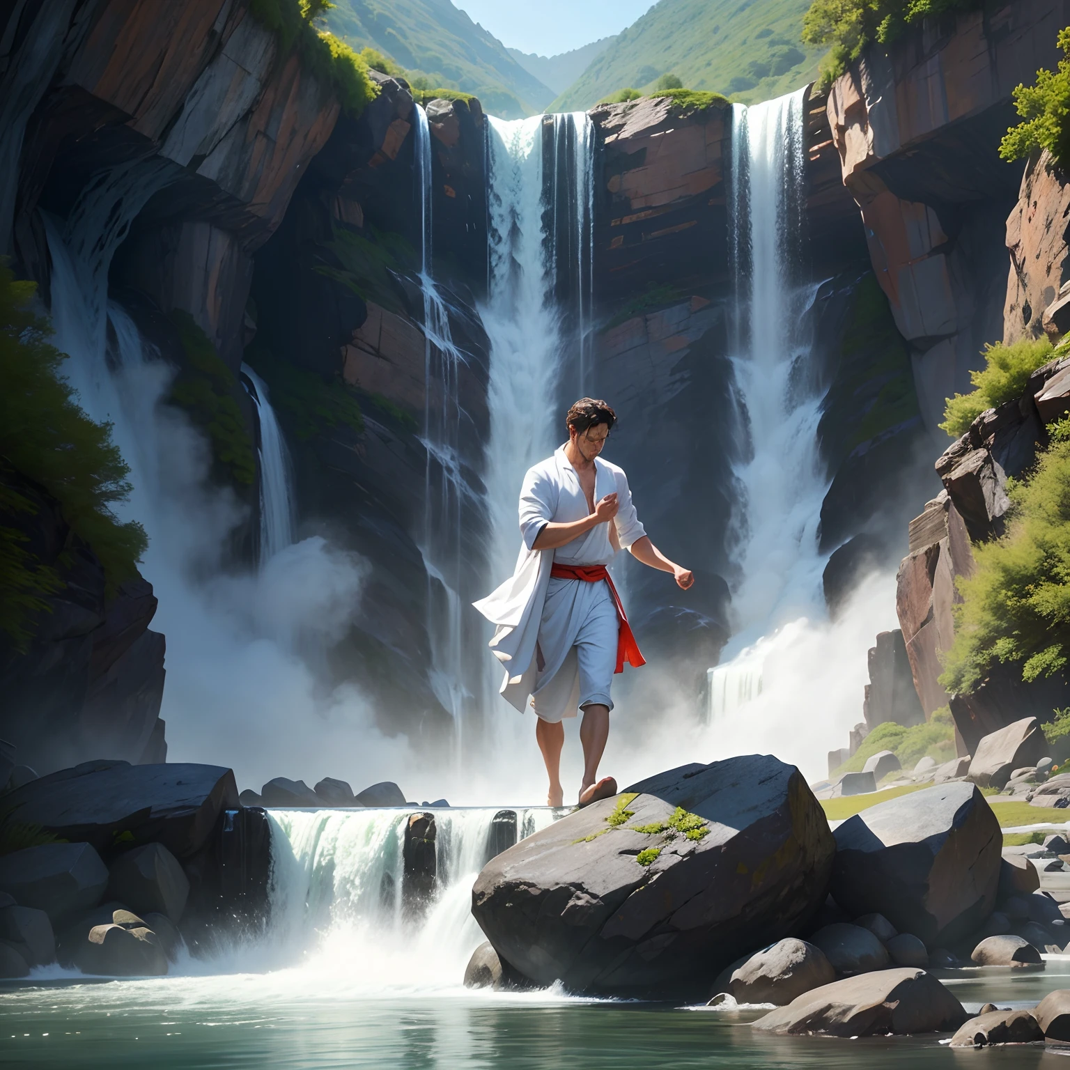 Handsome actor in white who enters a basin in a waterfall and practices chanting sutras while being struck by the waterfall