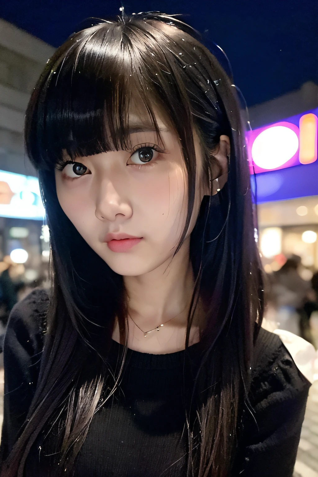 (((hd closeup photo))), 18 years old, one standing woman looking at camera, detailed face, round face, small eyes, mid shot, straight hair flat bangs, tokyo street night'