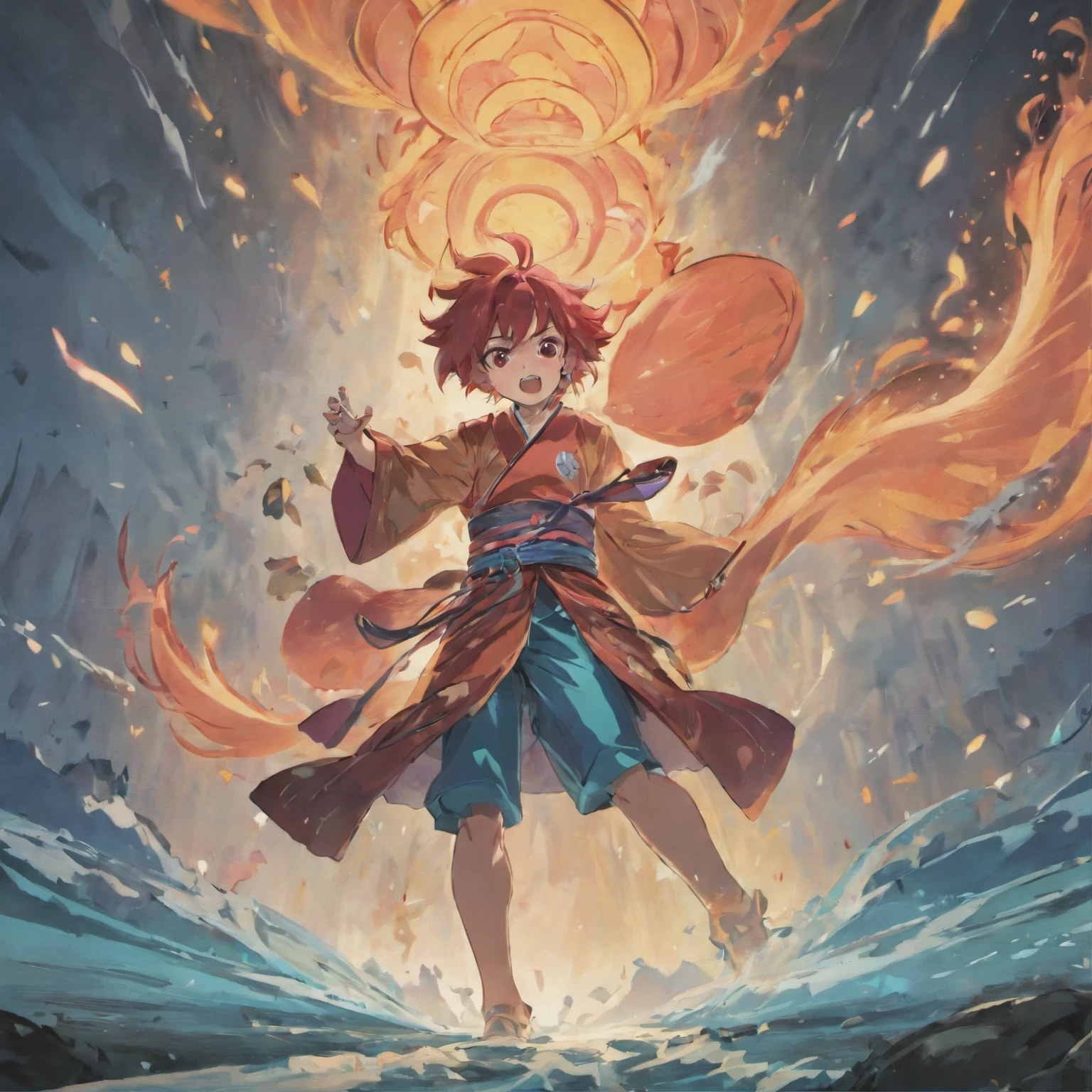 A breathtaking illustration depicting the epic story of Momotaro, the Peach Boy. Showcase Momotaro, a brave young hero in vibrant peach armor, wielding a magical sword. Surround him with loyal animal companions: a fierce dog, a wise monkey and a fearless pheasant. Capture the determination in Momotaro's eyes as he embarks on his quest to defeat the evil demons. The illustration should be filled with vibrant colors, intricate details, and a sense of movement, as if it's frozen in the middle of an action-packed moment.