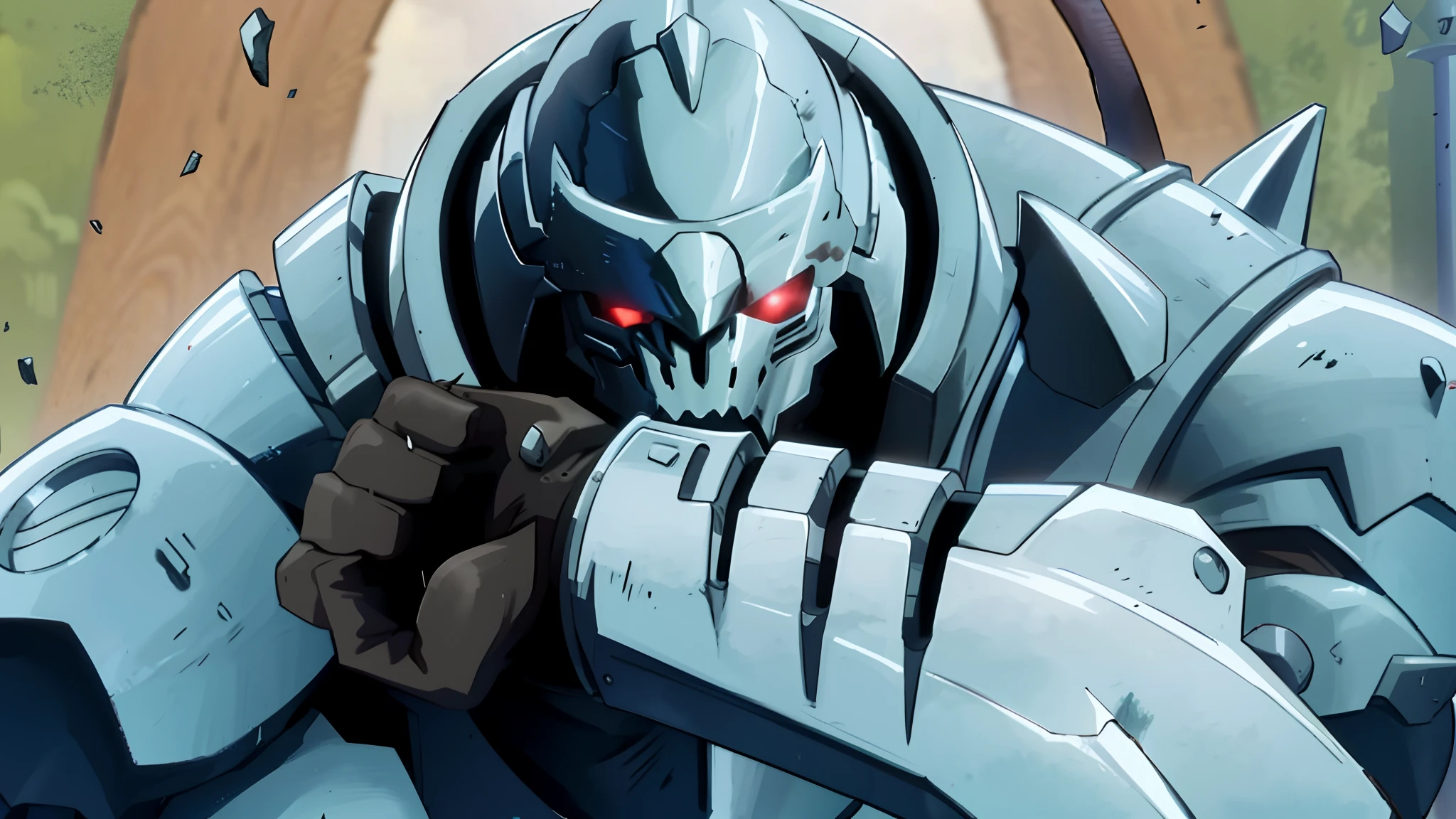 masterpiece, best quality, portrait of goblin slayer, 1boy, flaming eye, armor, helmet, black armor, blood, full armor, glowing, glowing eye, helmet, knight, male focus, plume, solo
