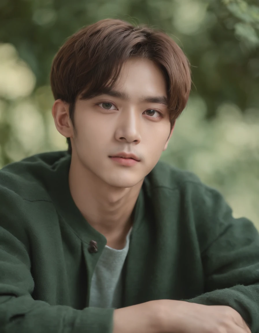 1boy, pretty boy, Asian, soft looking, big eyes, green eyes, portrait, looking at camera, 85mm, face, close-up, Kim Taehyung, Cha Eun-Woo
