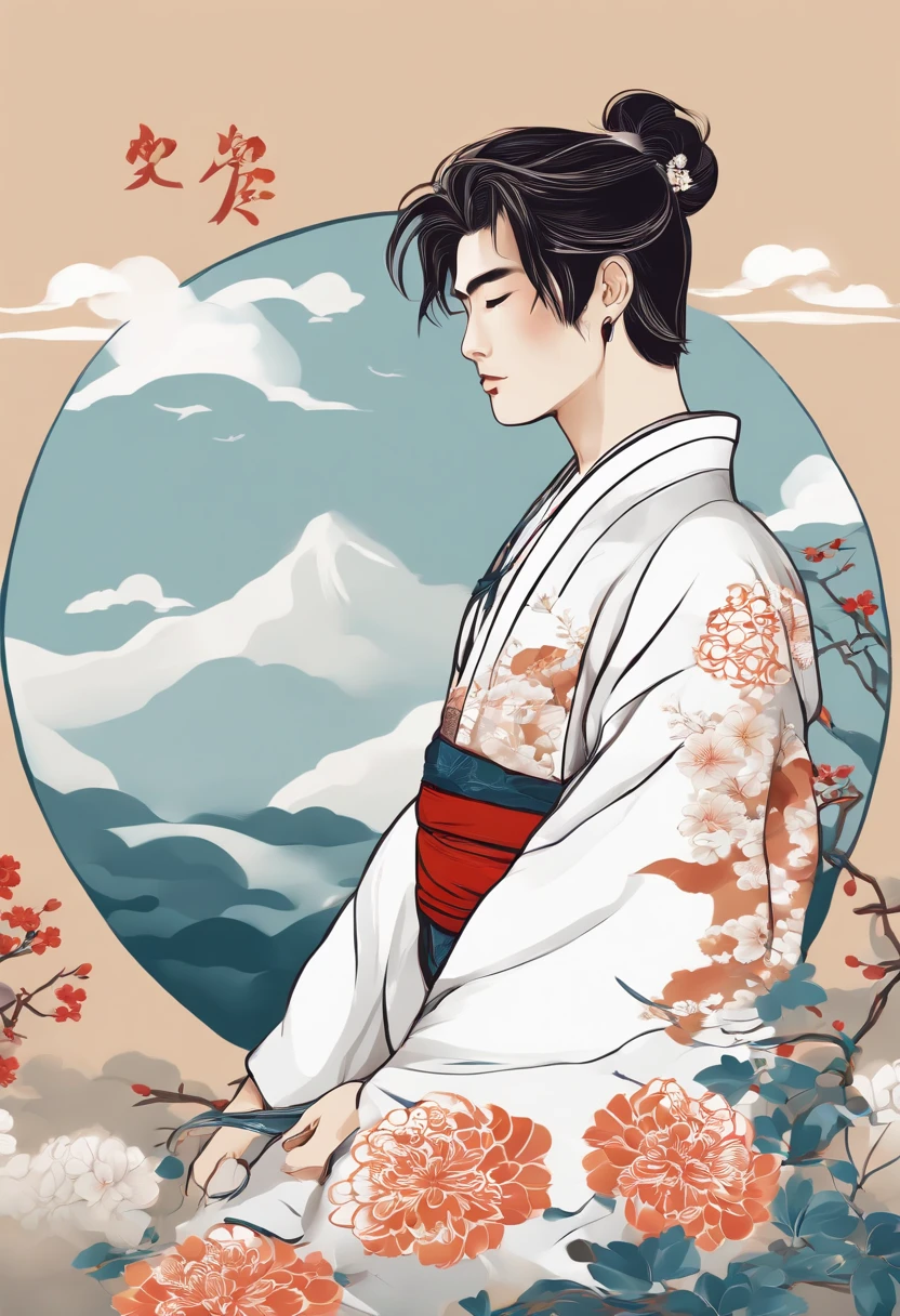 Japanese male boy beautiful young adult, with male kimono,  vector t-shirt printing, estilo de adesivo detalhado, desenho de cor estilo tatuagem, fundo branco, nevoeiro, Chinese Standard Clouds.