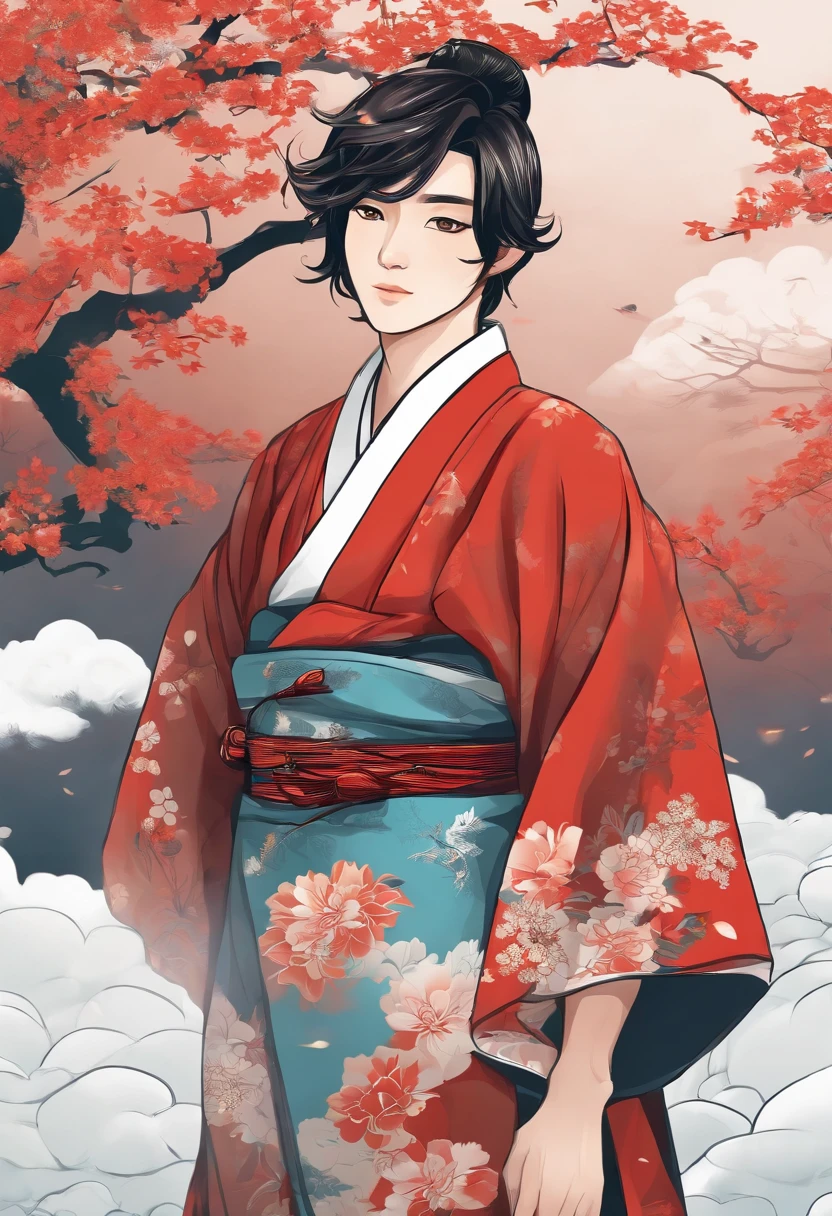 Japanese male boy beautiful young adult, with male kimono, vector t-shirt printing, estilo de adesivo detalhado, desenho de cor estilo tatuagem, fundo branco, nevoeiro, Chinese Standard Clouds.