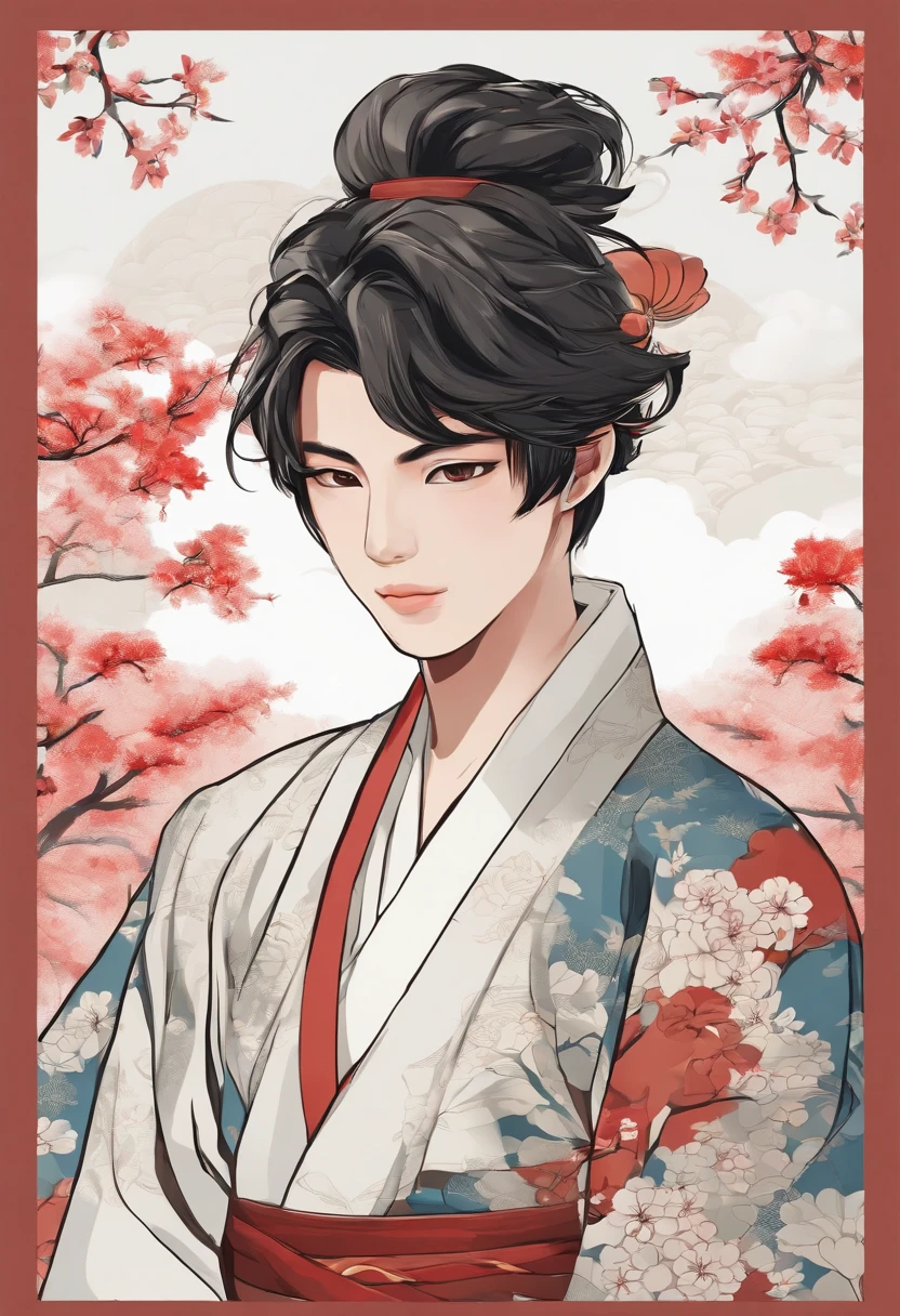 Japanese male boy beautiful young adult, with male kimono, vector t-shirt printing, estilo de adesivo detalhado, desenho de cor estilo tatuagem, fundo branco, nevoeiro, Chinese Standard Clouds.
