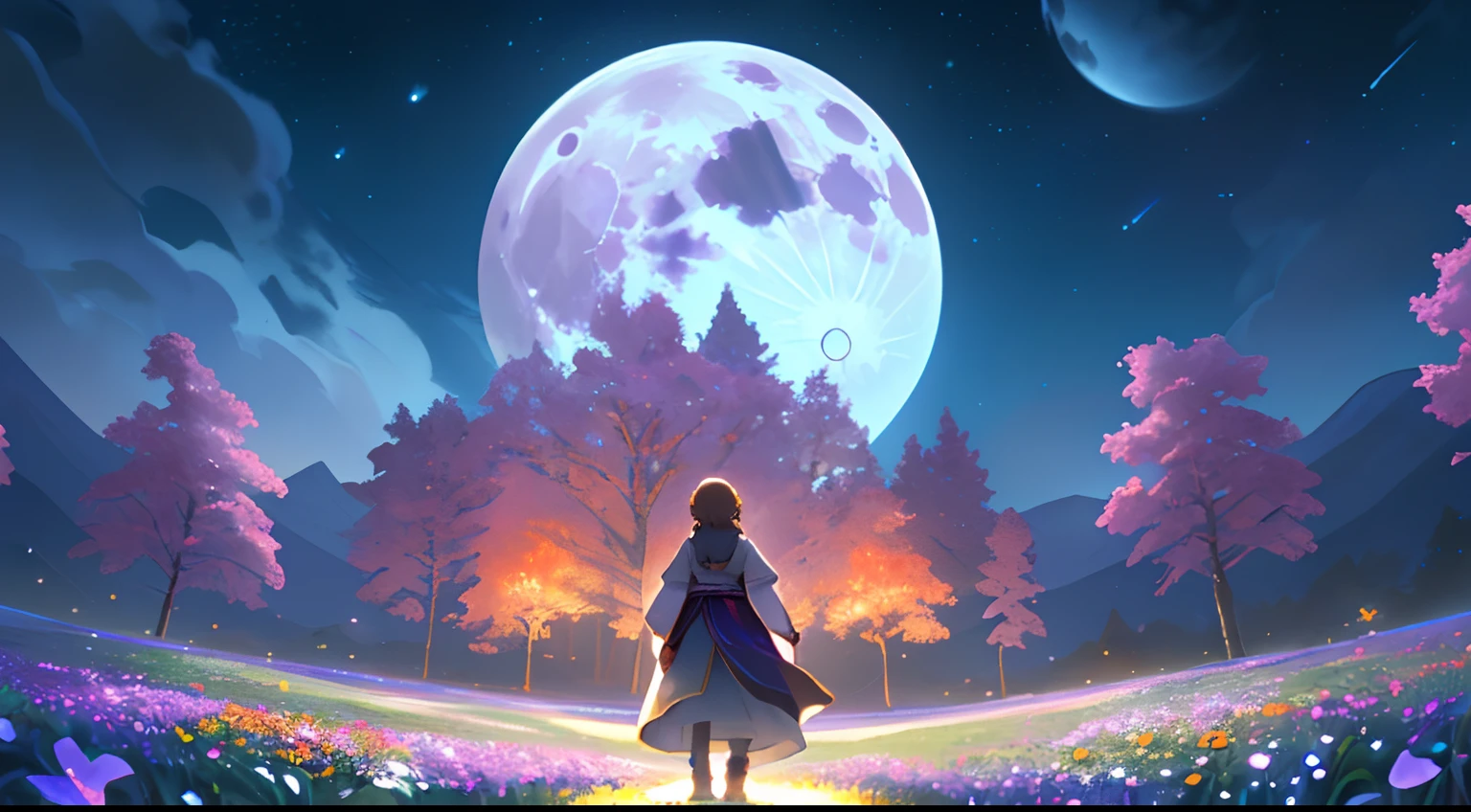 Landscape Photography（Seen from below、Sky above、Lower is the field）、Girl standing in a flower garden looks up（fullmoon：1.2）、（meteors：0.9）、（nebulas：1.3） )、mountain in the distance々、WOOD BREAK CRAFTING ART、(Warm light: 1.2)、(fireflys: 1.2)、A light、Lots of Purples and Oranges、intricate detailes、Volume Lighting BREAK (​masterpiece: 1.2)、(top-quality)、4K、ultra-detailliert、(The composition of the movement: 1.4)、Rich in details and colors、(Irridescent color: 1.2)、(Glow、Atmospheric lighting)、Dreamy、Magical、(独奏: 1.2)、Sateen