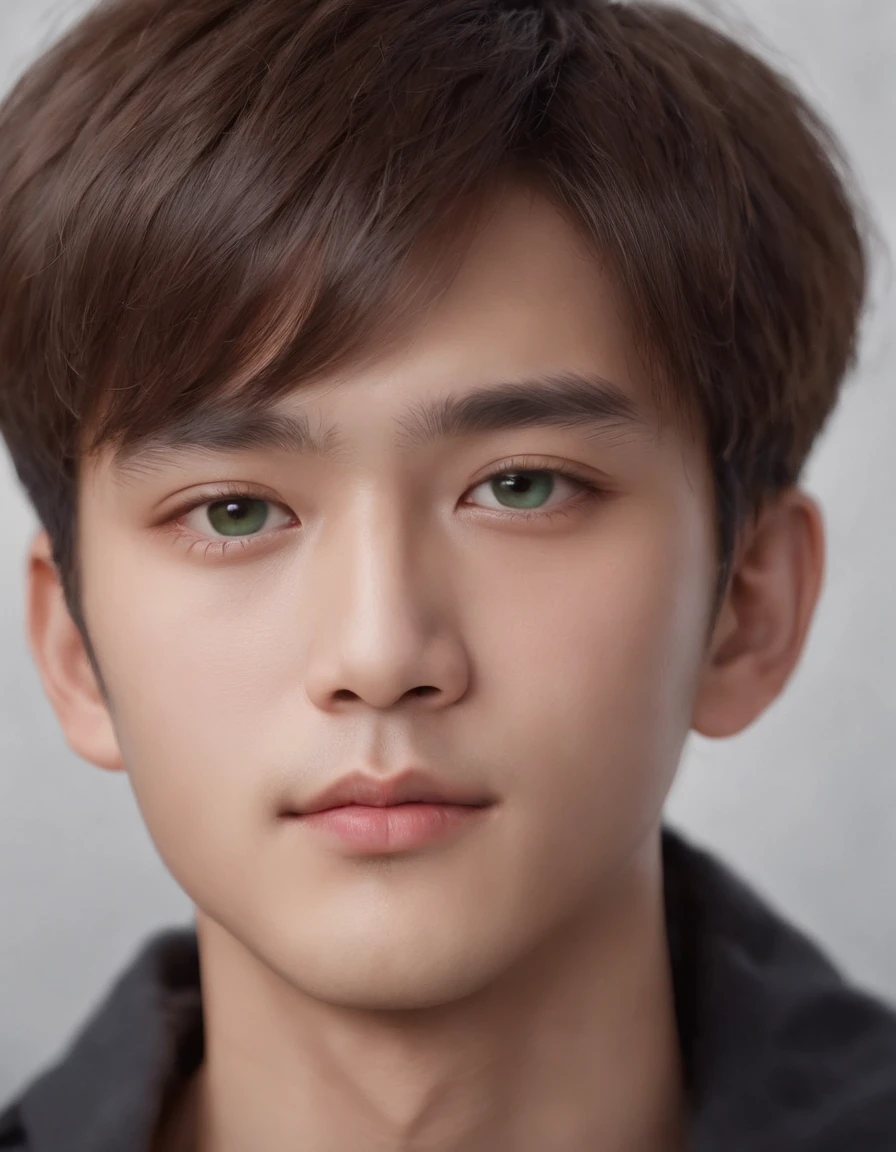 A pretty Asian boy with soft-looking features and big green eyes. The portrait focuses on his face, with a close-up shot taken at 85mm. He is looking directly into the camera. The boy resembles Kim Taehyung and Cha Eun-Woo. The artwork is created using high-quality materials, such as oil painting or digital rendering. The image should have a realistic and photorealistic quality with ultra-detailed features. The lighting is well-balanced, highlighting the boy's facial structure and bringing out vivid colors in the artwork. The overall color tone should be warm and inviting.