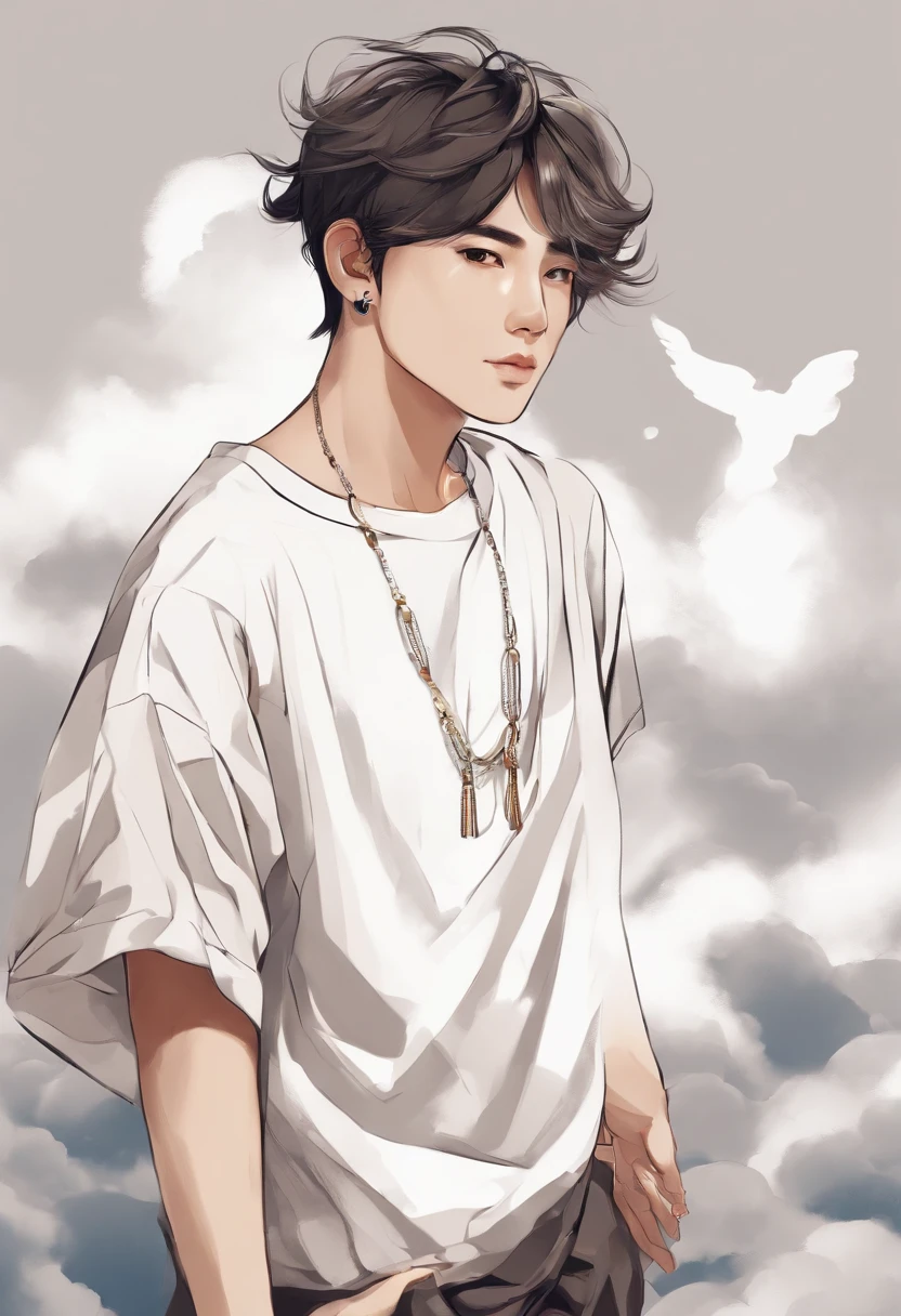 Japanese male boy beautiful young adult, with male, vector t-shirt printing, estilo de adesivo detalhado, desenho de cor estilo tatuagem, fundo branco, nevoeiro, Chinese Standard Clouds.
