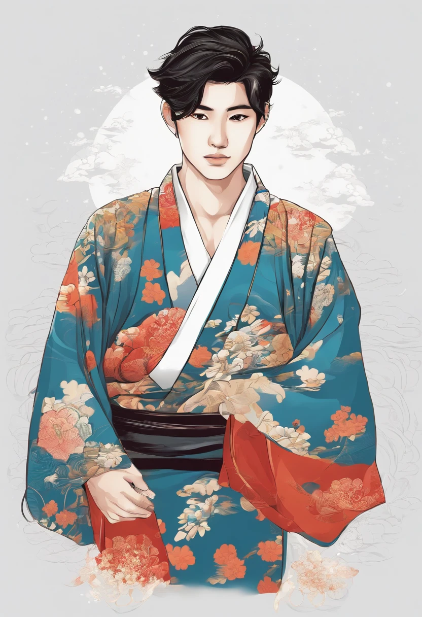 Japanese male boy beautiful young adult, with male, vector t-shirt printing, estilo de adesivo detalhado, desenho de cor estilo tatuagem, fundo branco, nevoeiro, Chinese Standard Clouds.