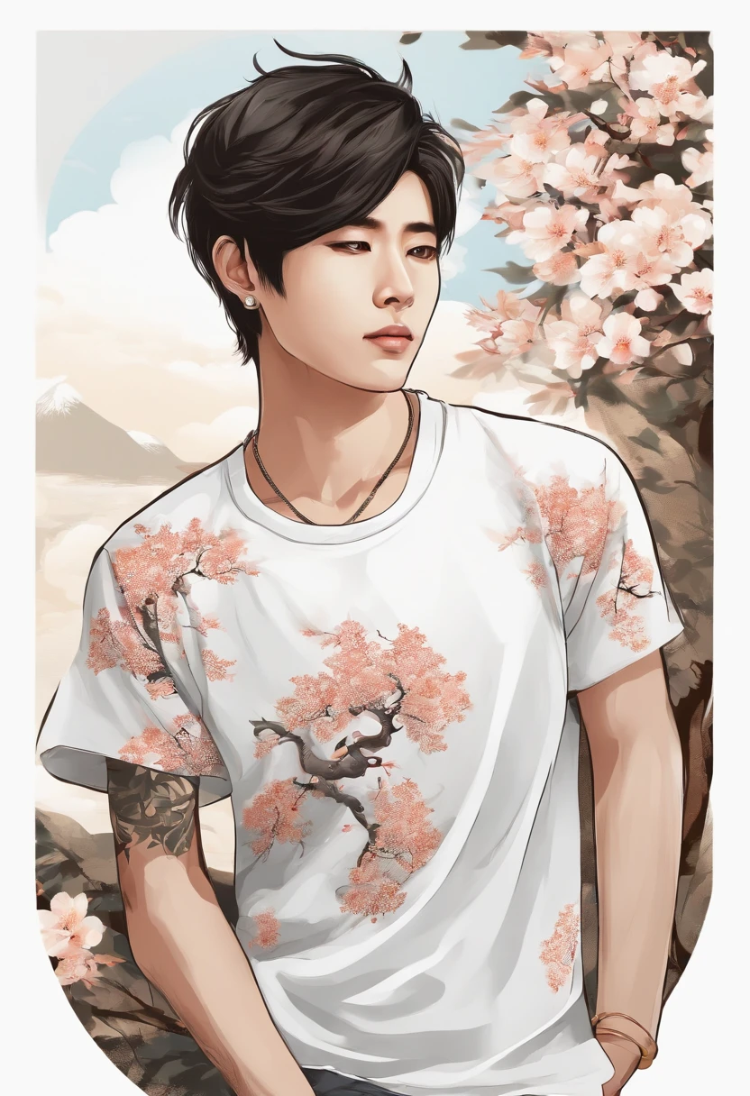 Japanese male boy beautiful young adult, with male,  vector t-shirt printing, estilo de adesivo detalhado, desenho de cor estilo tatuagem, fundo branco, nevoeiro, Chinese Standard Clouds.