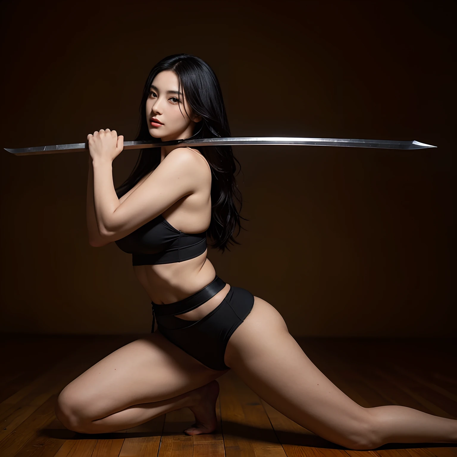 Sexy woman with long black hair,Wearing a naked,full bodyesbian,Pose from head to toe,Big breasts and big buttocks,Big breasts and fat buttocks,Sword, National style martial arts,Jianghu martial arts,Copper money armor