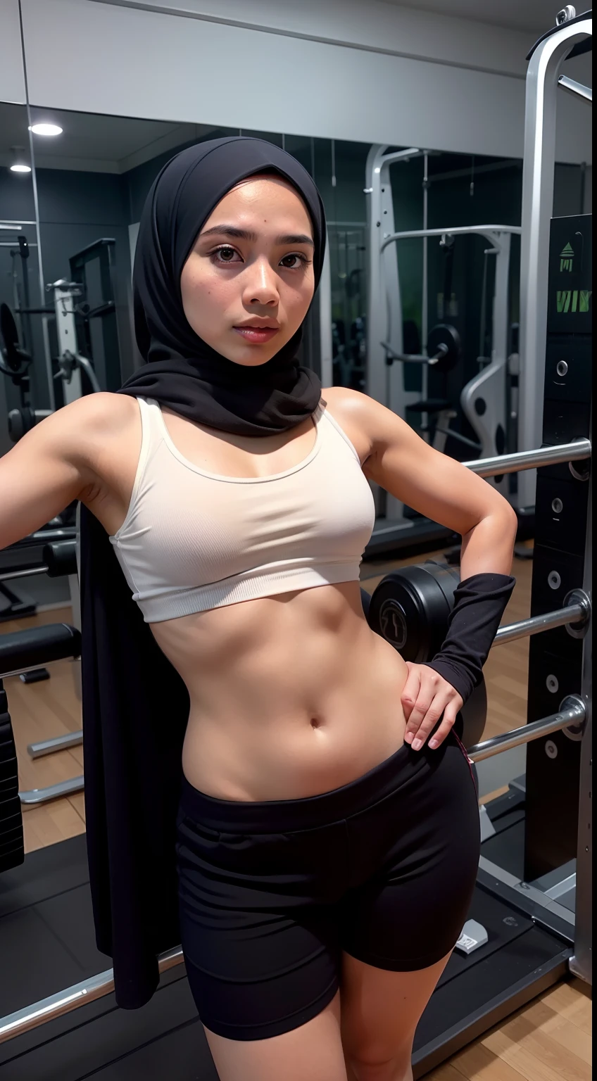 Malay girl in hijab in a gym, masterpiece, best quality, masterpiece, best quality, official art ,extremely detailed CG unity 8k wallpaper, gym shorts, (small breasts:1.2), exercise, 1girl  , realistic, real malay women, photo, photography, looking at viewer, fine body, bright light, ultra high quality,