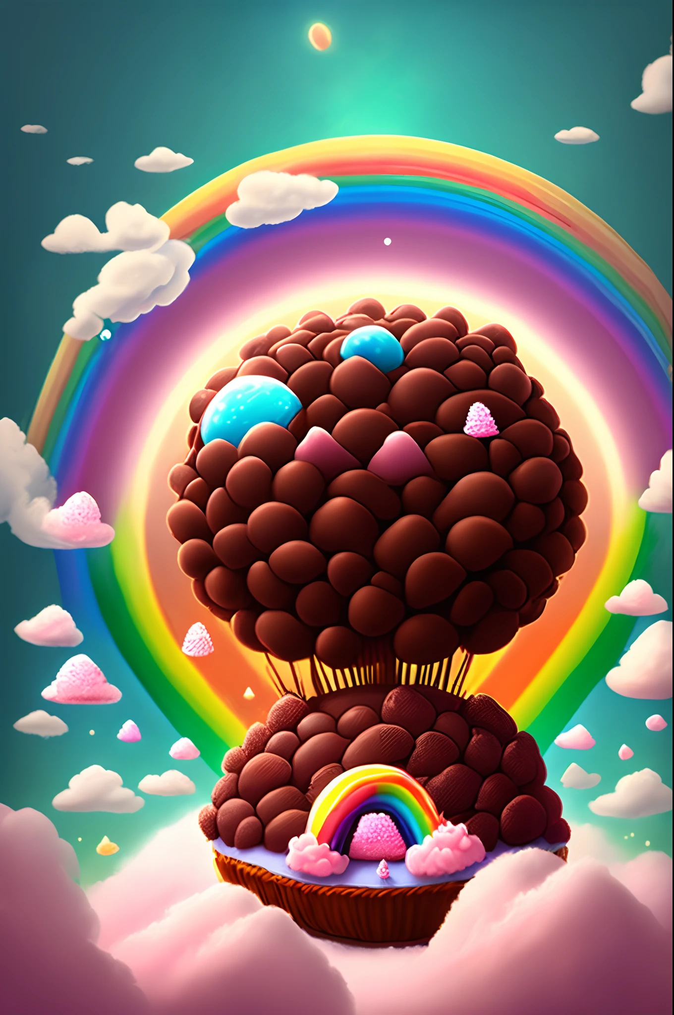 A fantasy planet with cute things from chocolate cotton candy and poop with big rainbows