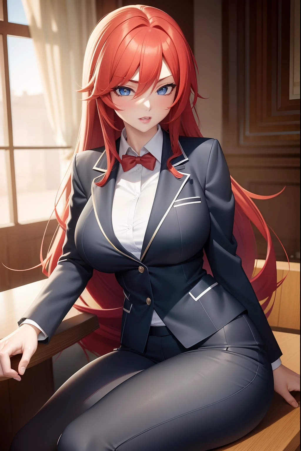 (masterpiece, bestquality, Detailed),1girls,Rias Gremory,Red-Haired, ahoge, Blue Eyes, large boobs , In a business suit sitting at a table., seductive anime girl, attractive anime girl, (SFW), Smooth Anime CG Art,clean detailed anime art,high-res, (perfect hands, perfect anatomy),