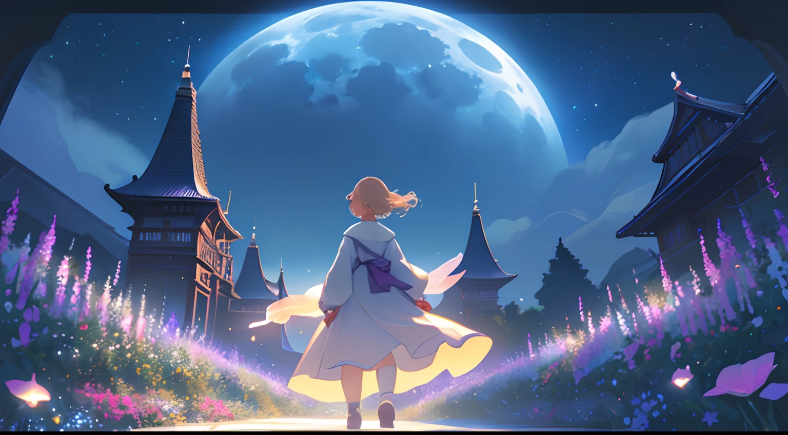 Landscape Photography（Seen from below、Sky above、Lower is the field）、Girl standing in a flower garden looks up（fullmoon：1.2）、（meteors：0.9）、（nebulas：1.3） )、mountain in the distance々、WOOD BREAK CRAFTING ART、(Warm light: 1.2)、(fireflys: 1.2)、A light、Lots of Purples and Oranges、intricate detailes、Volume Lighting BREAK (​masterpiece: 1.2)、(top-quality)、4K、ultra-detailliert、(The composition of the movement: 1.4)、Rich in details and colors、(Irridescent color: 1.2)、(Glow、Atmospheric lighting)、Dreamy、Magical、(独奏: 1.2)、Sateen