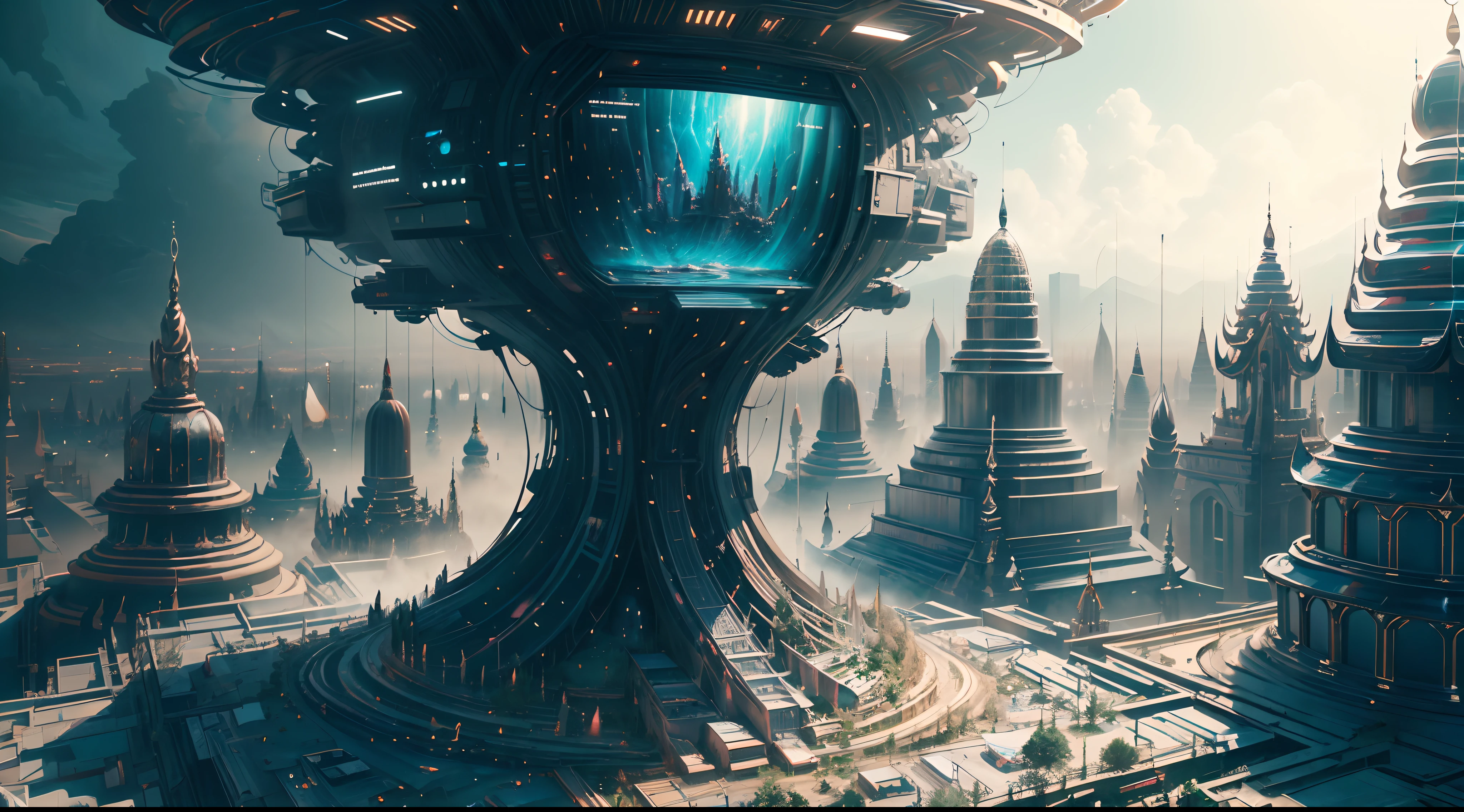 Create a cinematic official grade illustration digital art of"Burma futuristic Bagan city" in a lavishly Myanmar futurism landscape artwork style, advanced technologies like anti-aliasing (FKAA, TXAA), real-time ray tracing (RTX), and screen-space ambient occlusion (SSAO), our visuals are incredibly realistic and visually striking. To add depth and intricacy, we incorporate artistic elements such as cell shading, tone mapping, CGI, VFX, and SFX. Collaborating with renowned artists Carne Griffiths and Wadim Kashin, we infuse their unique artistic styles into our work, resulting in a harmonious blend of their vision and the inherent beauty of our subjects. By presenting the women on a clean white background, we accentuate their elegance and grace.