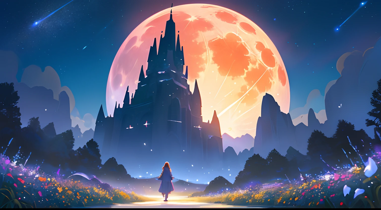 Landscape Photography(Seen from below、Sky above、Lower is the field)、Girl standing in a flower garden looks up(fullmoon:1.2)、(meteors:0.9)、(nebulas:1.3) )、mountain in the distance々、WOOD BREAK CRAFTING ART、(Warm light: 1.2)、(fireflys: 1.2)、A light、Lots of Purples and Oranges、intricate detailes、Volume Lighting BREAK (masterpiece: 1.2)、(top-quality)、4K、ultra-detailliert、(The composition of the movement: 1.4)、Rich in details and colors、(Irridescent color: 1.2)、(Glow、Atmospheric lighting)、Dreamy、Magical、(独奏: 1.2)、Sateen