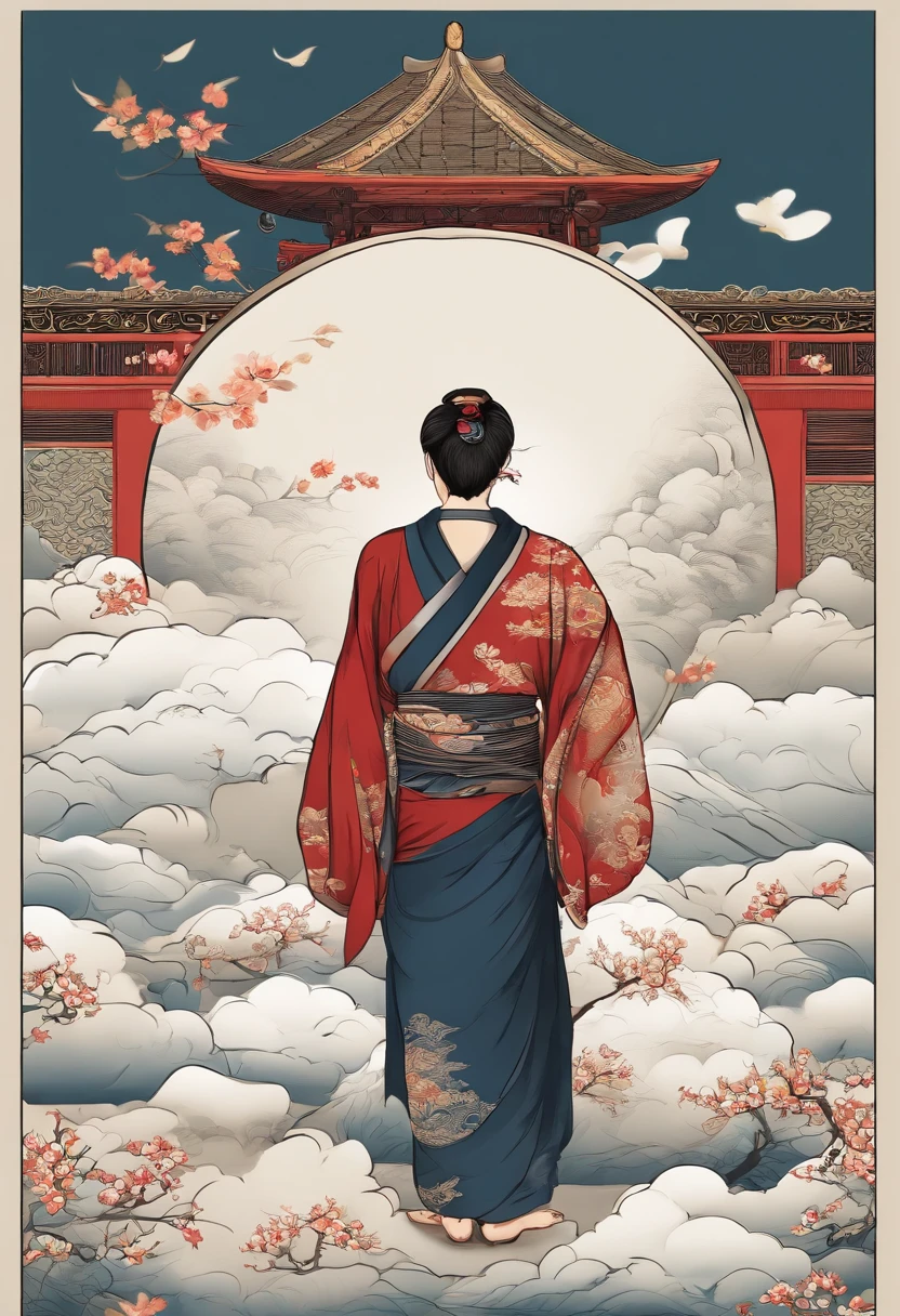 Japanese male boy beautiful young adult, with male, vector t-shirt printing, estilo de adesivo detalhado, desenho de cor estilo tatuagem, fundo branco, nevoeiro, Chinese Standard Clouds. Traditional Chinese art with ink, parchment