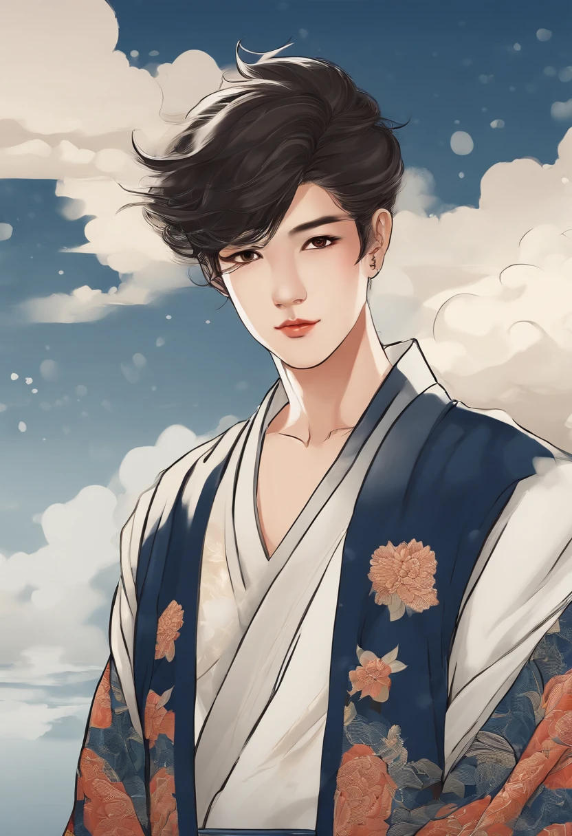 Japanese male boy beautiful young adult, with male, vector t-shirt printing, estilo de adesivo detalhado, desenho de cor estilo tatuagem, fundo branco, nevoeiro, Chinese Standard Clouds. Traditional Chinese art with ink, parchment