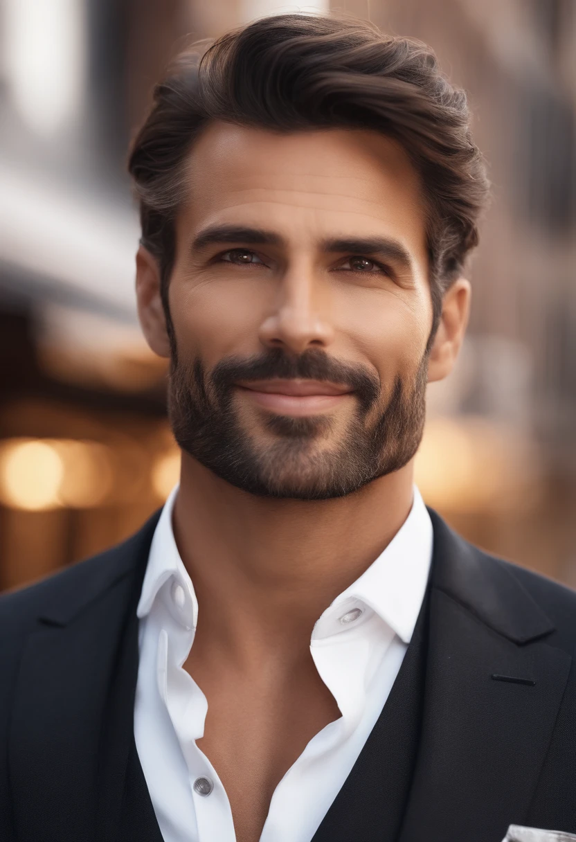 best quality,ultra-detailed,realistic:1.37,40 years old handsome man,handsome face,detailed brown eyes,strong jawline,stubble beard,charming smile,classy suit,stylish hair,clean-shaven,confident posture,gentleman,captivating gaze,well-groomed,professional,model-like appearance,vivid colors,studio lighting,warm color tone,medium:portrait