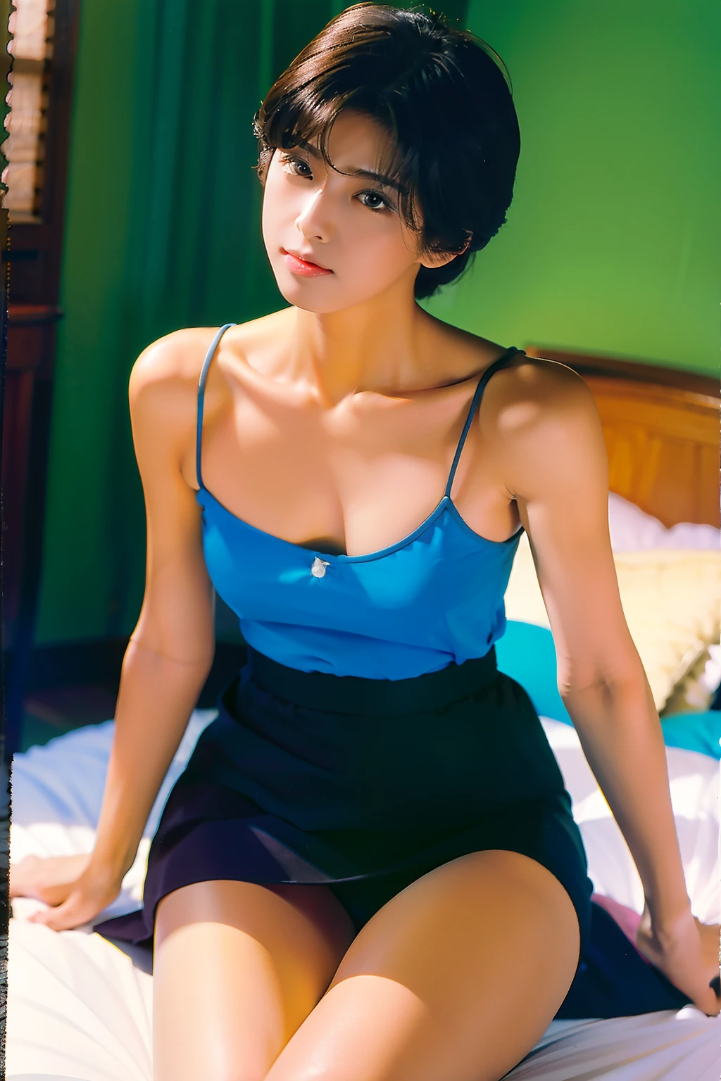 masterpiece, best quality, natural skin, natural tones, balanced contrast, balanced saturation, natural light, photography, photo quality, 8k, clear depiction without blur, 1girl, japanese face, OKITAMAKO, short hair, black hair, black eyes, closed mouth, (Unmistakable body based on skeletal specimens and human anatomical diagrams), middle brests, camisole, skirt, sitting bed, cowboy shot,