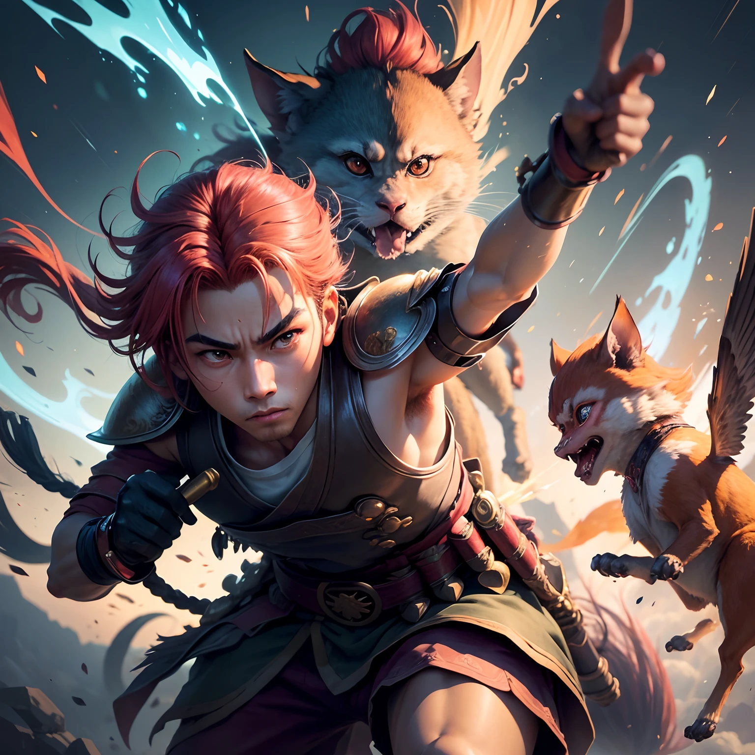 A breathtaking illustration depicting the epic story of Momotaro, the Peach Boy. Showcase Momotaro, a brave young hero in vibrant peach armor, wielding a magical sword. Surround him with loyal animal companions: a fierce dog, a wise monkey and a fearless pheasant. Capture the determination in Momotaro's eyes as he embarks on his quest to defeat the evil demons. The illustration should be filled with vibrant colors, intricate details, and a sense of movement, as if it's frozen in the middle of an action-packed moment.