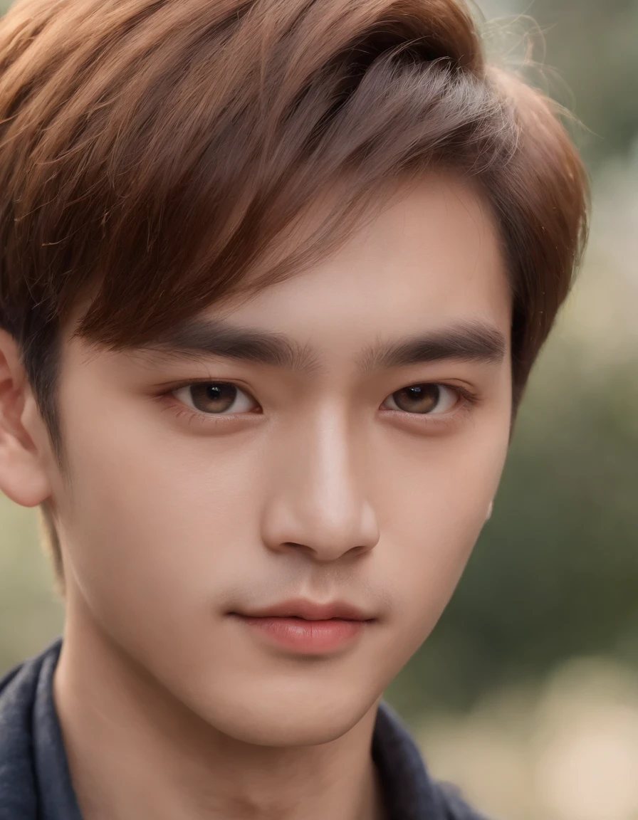 A pretty Asian boy with sharp-looking features and odd eyes. Fancy hair style with yellowed hair color. The portrait focuses on his face, with a close-up shot taken at 85mm. He is looking directly into the camera. The boy resembles Kim Taehyung and Cha Eun-Woo. The artwork is created using high-quality materials, such as oil painting or digital rendering. The image should have a realistic and photorealistic quality with ultra-detailed features. The lighting is well-balanced, highlighting the boy's facial structure and bringing out vivid colors in the artwork. The overall color tone should be warm and inviting.