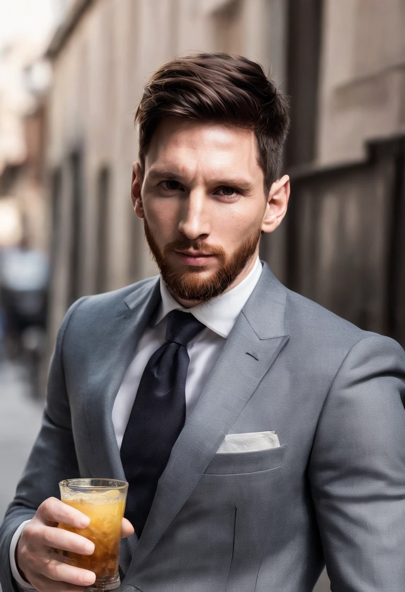 RAW photo, lionel messi(Lionel Messi)Portrait photo of a traditional yerba mate cup drinking yerba mate in a suit on a bustling street,Has natural skin,