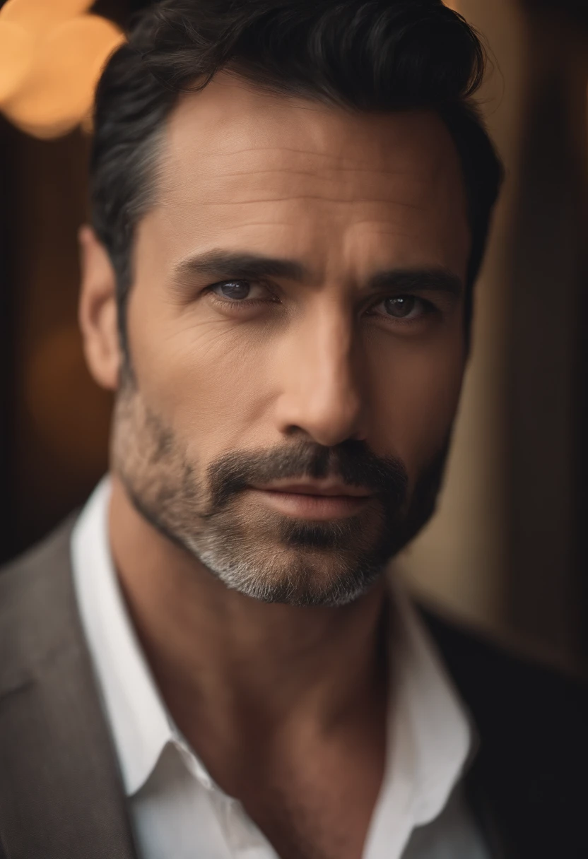 Portrait of handsome man 40 years old round face cinematic appearance