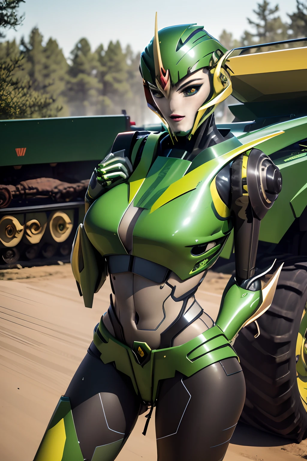 Masterpiece, sexy, green and yellow transformer, female robot tractor, realistic robotic face, sci-fi handgun, deer logo,no vehicles, no humans,