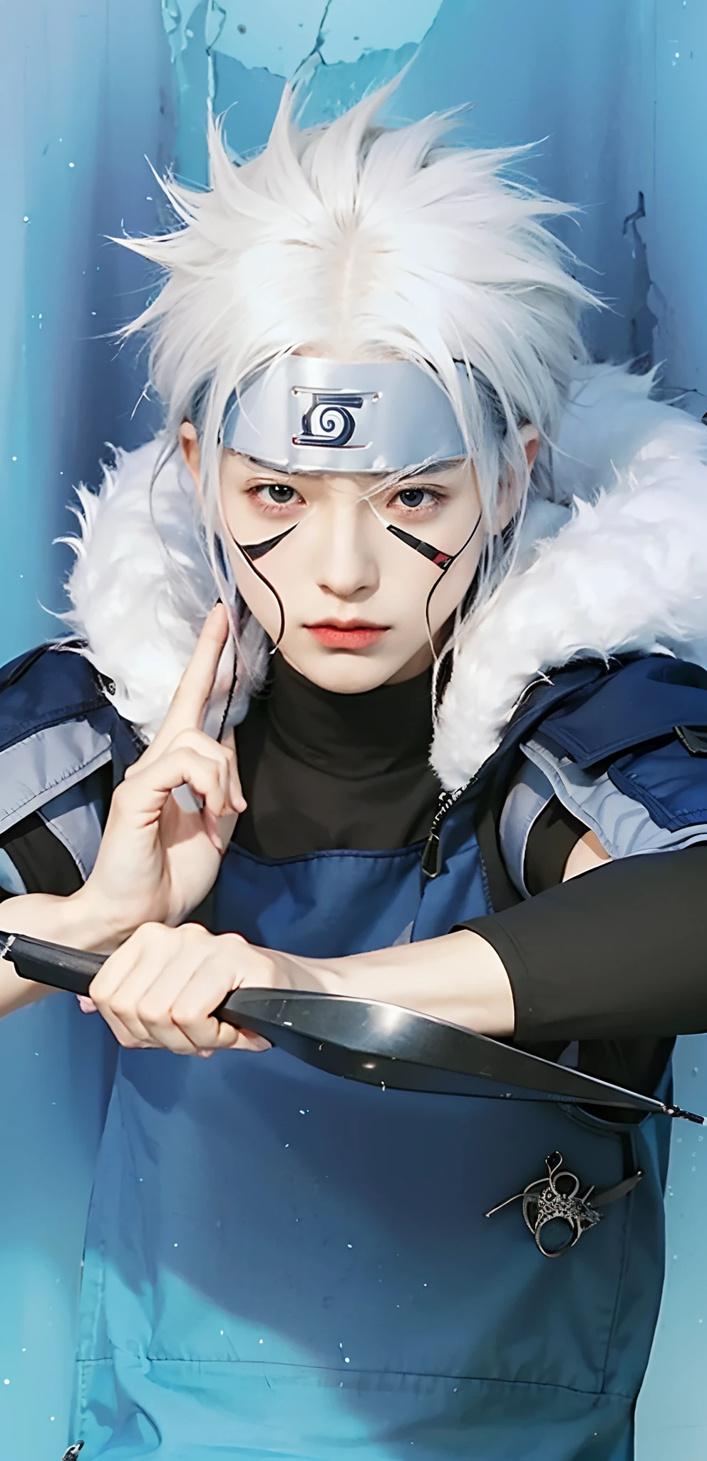 Arafed man with white hair and a blue outfit holding a sword - SeaArt AI