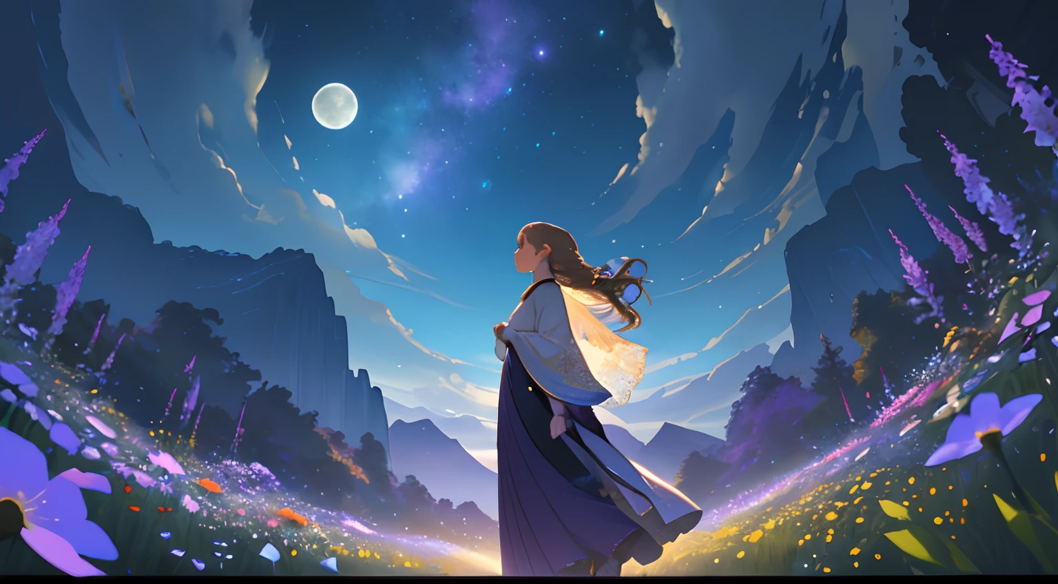Landscape Photography(Seen from below、Sky above、Lower is the field)、Girl standing in a flower garden looks up(fullmoon:1.2)、(meteors:0.9)、(nebulas:1.3) )、mountain in the distance々、WOOD BREAK CRAFTING ART、(Warm light: 1.2)、(fireflys: 1.2)、A light、Lots of Purples and Oranges、intricate detailes、Volume Lighting BREAK (masterpiece: 1.2)、(top-quality)、4K、ultra-detailliert、(The composition of the movement: 1.4)、Rich in details and colors、(Irridescent color: 1.2)、(Glow、Atmospheric lighting)、Dreamy、Magical、(独奏: 1.2)、Sateen