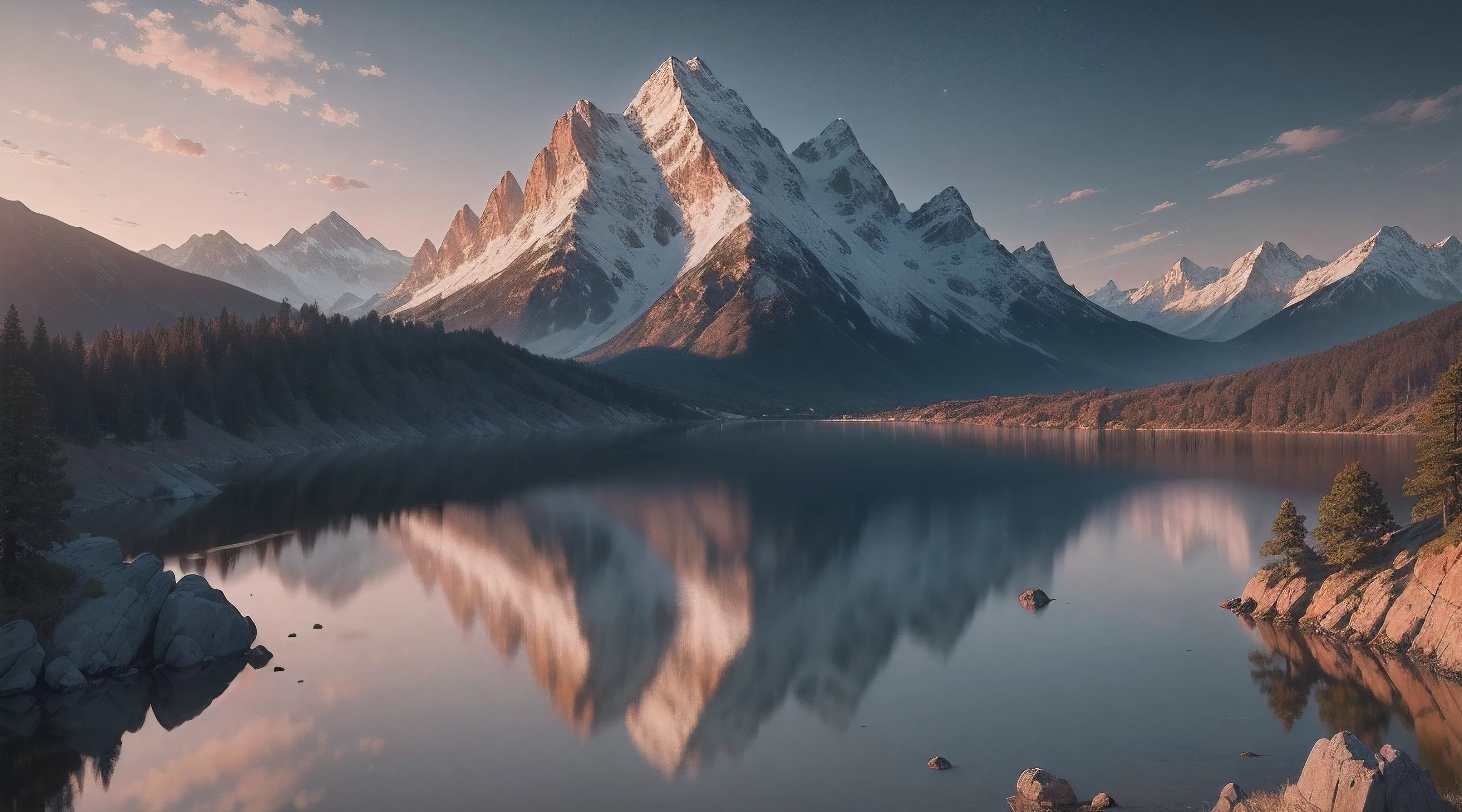 (Generate a), (hyper-realistic) depiction of nature's grandeur, (rendered at an astonishing 8K resolution). Create a (captivating cinematic atmosphere) with (sublime lighting effects) that evoke a sense of wonder. The scene should showcase a (sweeping panorama) with a (serene lake) at its center, surrounded by (towering, rugged mountains) that seem to touch the heavens. (Craft photorealistic details), from the (delicate ripples on the water's surface) to the (ancient, weathered rocks on the mountains). (Ensure perfect reflections) in the pristine lake, capturing every nuance of the surroundings. (Achieve impeccable realism) with (rich, vibrant colors) and a (subtle depth of field) that accentuates the distant horizon. This image should be an (unforgettable masterpiece).