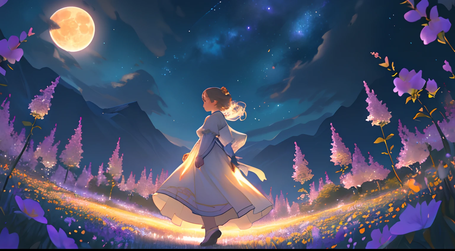 Landscape Photography(Seen from below、Sky above、Lower is the field)、Girl standing in a flower garden looks up(fullmoon:1.2)、(meteors:0.9)、(nebulas:1.3) )、mountain in the distance々、WOOD BREAK CRAFTING ART、(Warm light: 1.2)、(fireflys: 1.2)、A light、Lots of Purples and Oranges、intricate detailes、Volume Lighting BREAK (masterpiece: 1.2)、(top-quality)、4K、ultra-detailliert、(The composition of the movement: 1.4)、Rich in details and colors、(Irridescent color: 1.2)、(Glow、Atmospheric lighting)、Dreamy、Magical、(独奏: 1.2)、Sateen