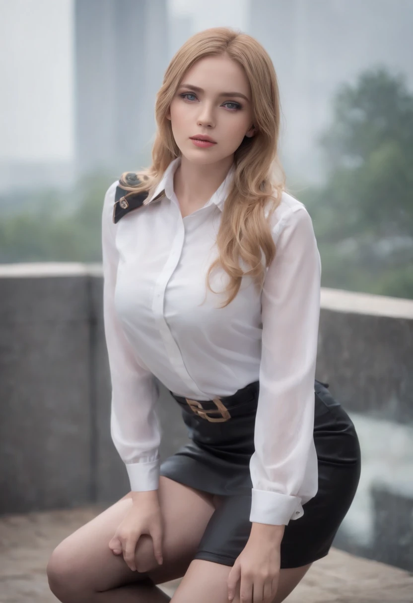 Ott style, shingeki no kyojin,, , Krista Lentz,, 1girll, belt, belt buckle, Blonde hair, Blue eyes, brownfootwear, black skirt, black tie, Chest belt, Collared shirt, Diamond (Shape), Floating hair, From the side Side, full bodyesbian, greybackground, hair between eye, hands on own thighs, Long hair, Long sleeves, watching the future, Own hands together, Pants, parted lip, shirt, shoes, Sitting, Solo, Sparkle, Star (symbol), thigh band, White shirt, , , ((Masterpiece)), Best quality, heavy rain, wet outfit