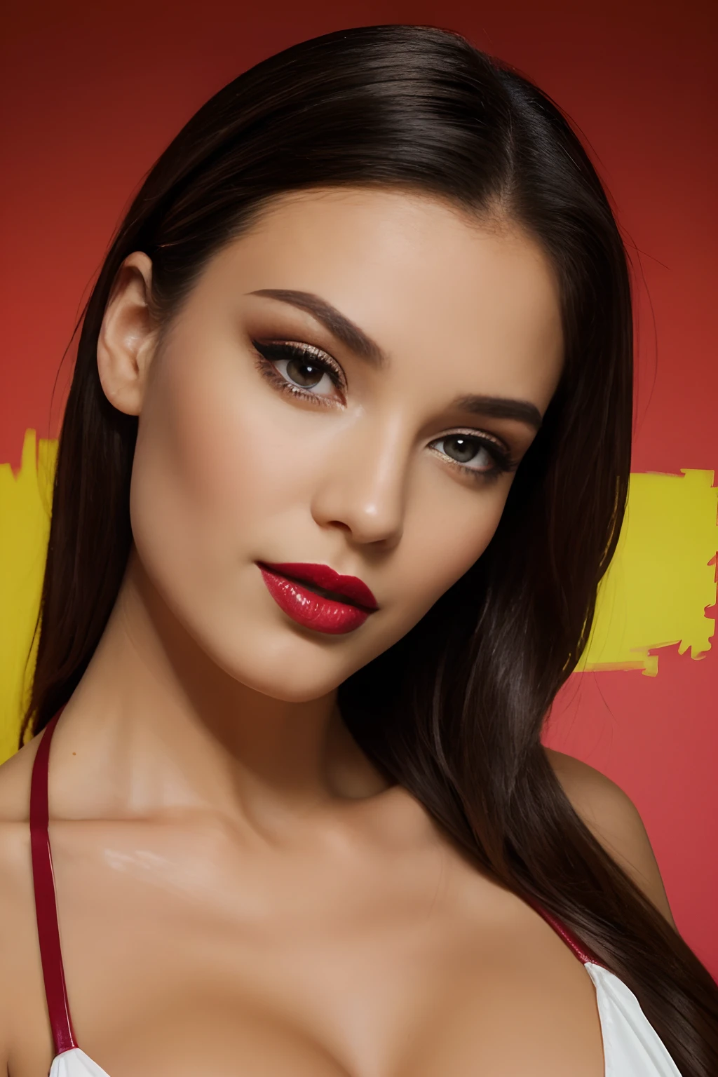 Beautiful woman paints lips with lipstick. Beautiful woman face, fine details, high quality, high quality. Clear and true colours , Playboy style