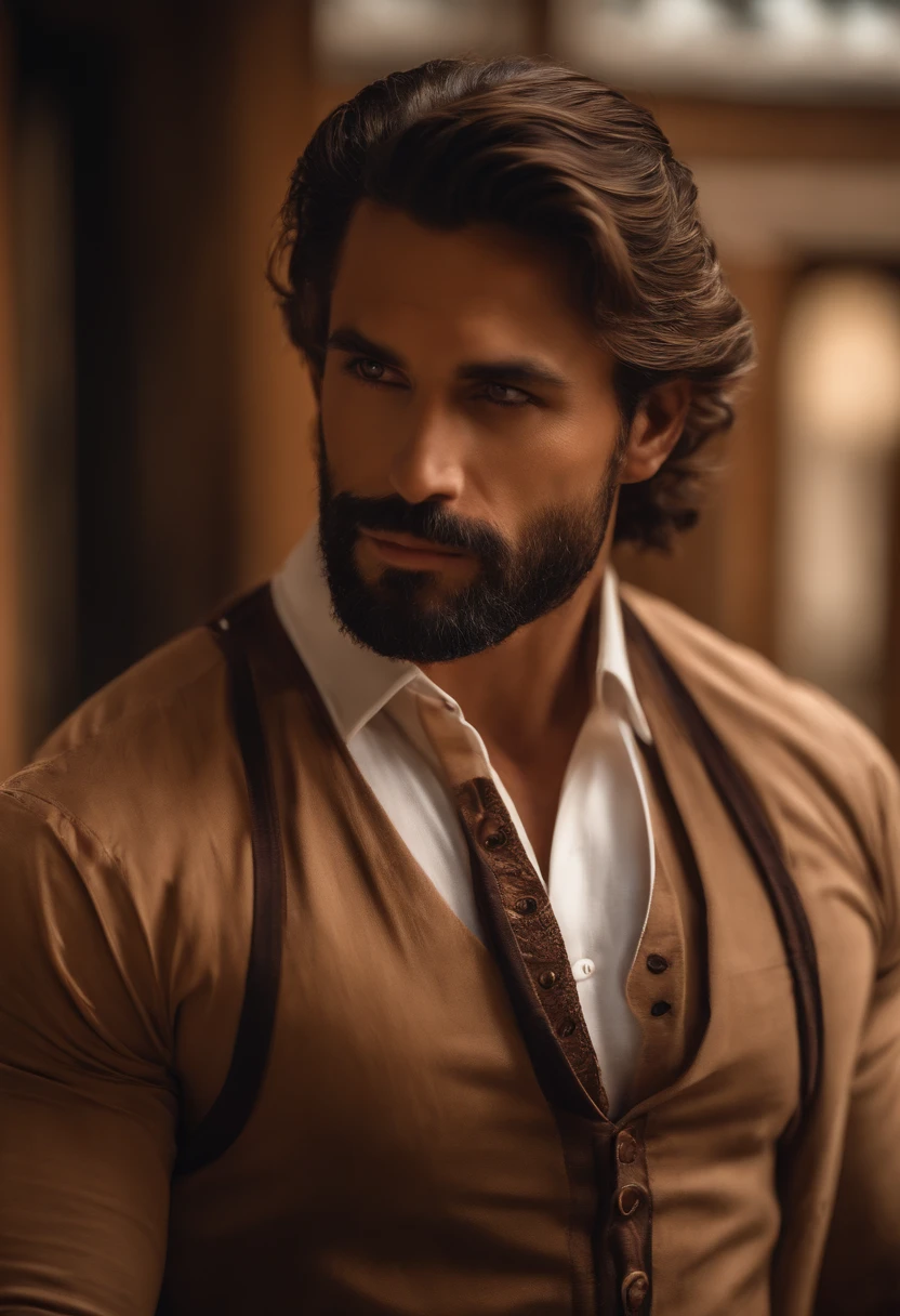 (La mejor calidad,8k,realista),Hombre guapo,conpequena barba,machista,ojos color maron,brown hair,good muscles,no camisa