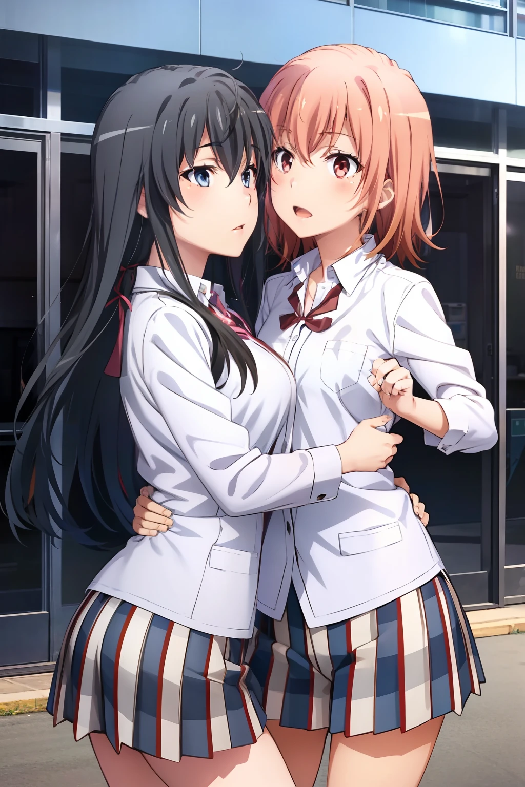 2 girls , Yukinoshita Yukino , Yuigahama Yui , waltz dance , school uniform,check skirt,((check skirt捲れる)),(white panties),(pink panties),