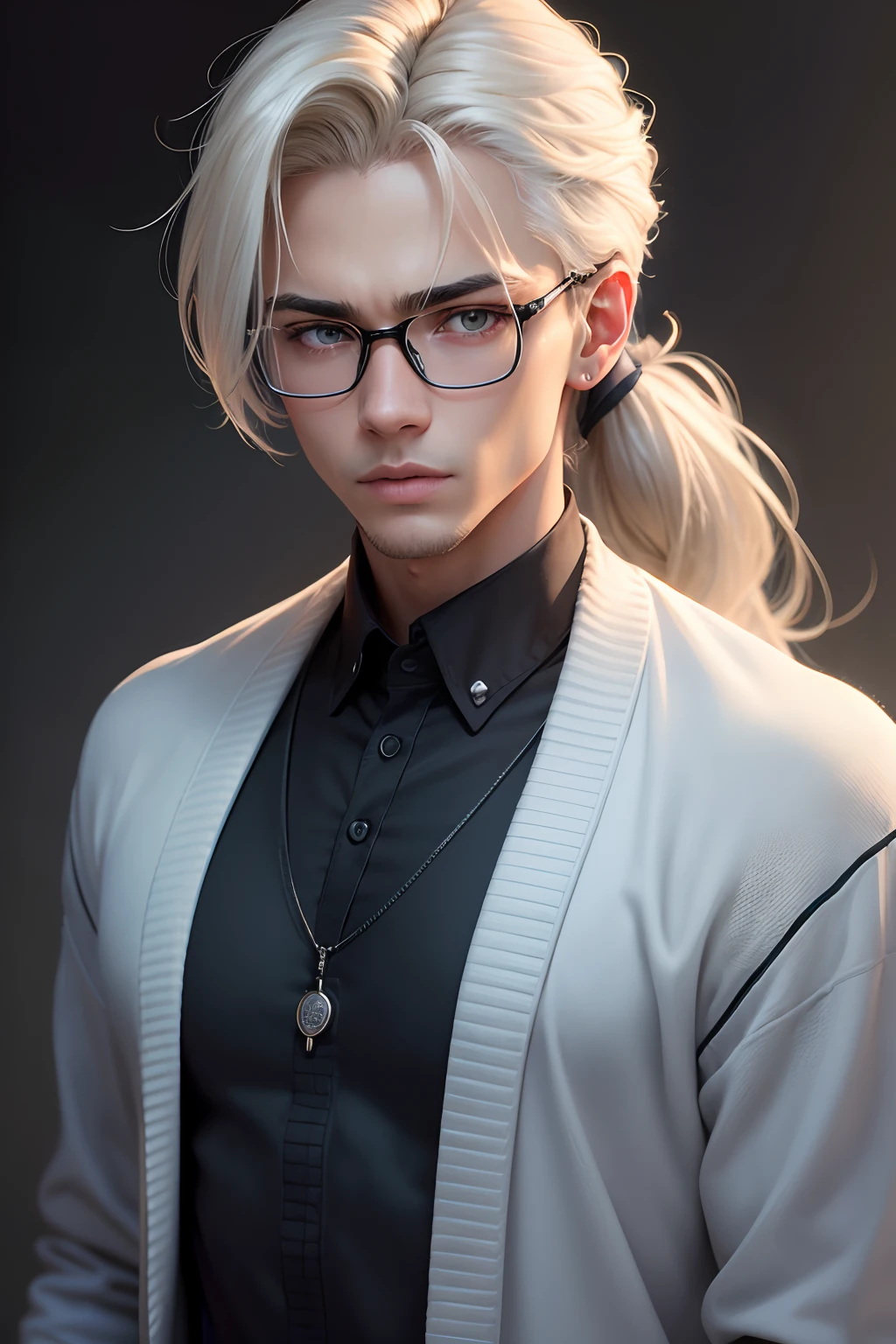 "(best quality,4k,8k,highres,masterpiece:1.2),ultra-detailed,(realistic,photorealistic,photo-realistic:1.37), manhwa art european 17 year old boy, dark skin, medium platinum blonde hair tied up in a small ponytail, foxy bluish gray eyes, wearing black framed spectacles, sharp face features, sharp jawline, handsome and soft face, broad shoulders, wearing an oversized school cardigan with school logo, mysterious and curious character, stern looking but sweet character, bright lighting, dreamy expression, blurred background