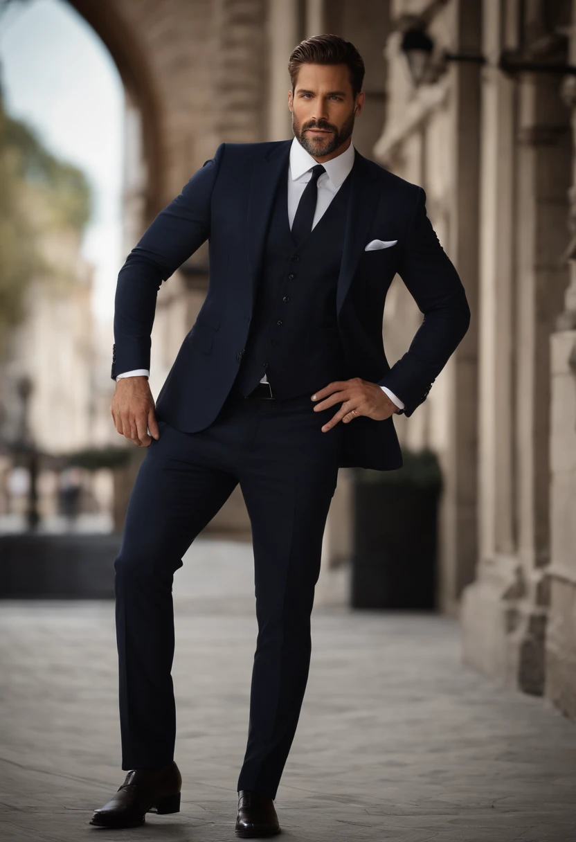 em cima、Make a handsome man in his 41s in a black suit and tie, CEO, cabelos castanhos e barba, (Homem de terno preto e gravata), ), (Use barba,) Attractive and serious look, cabelos curtos e escuros, Elegante e elegante, Barbear suit-fit e corpo forte, (alta qualidade, imagens realistas), Preto escuro e claro no fundo da imagem, Estilo de filme, ((qualidade superior, 8k, obra prima), ultra hi definition photo, (Rostos bonitos detalhados, textura da pele do detalhe, Corpo hiperdetalhado:1.1)